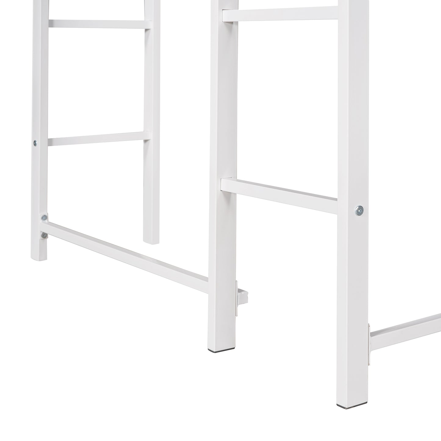 White metal loft bed frame leg detail showing support bars