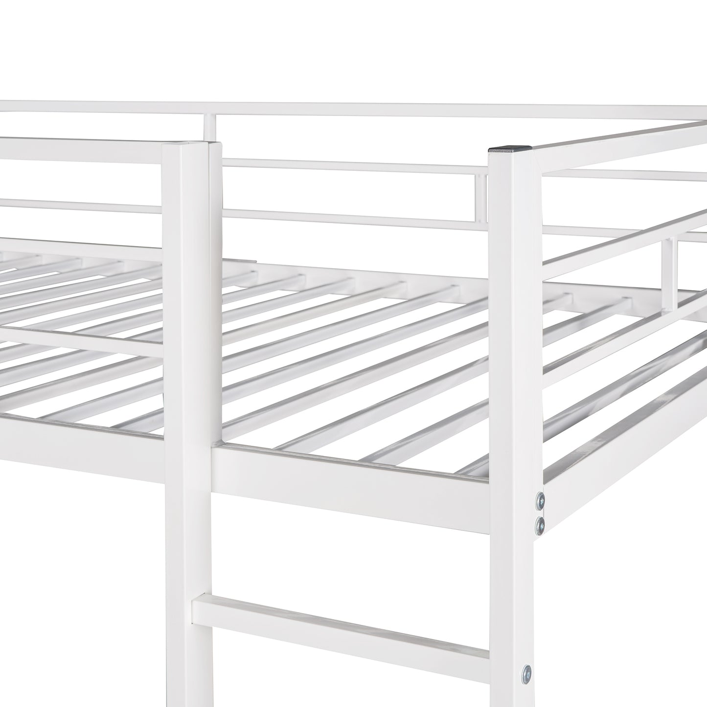 Closeup of white metal bunk bed frame with slatted mattress support