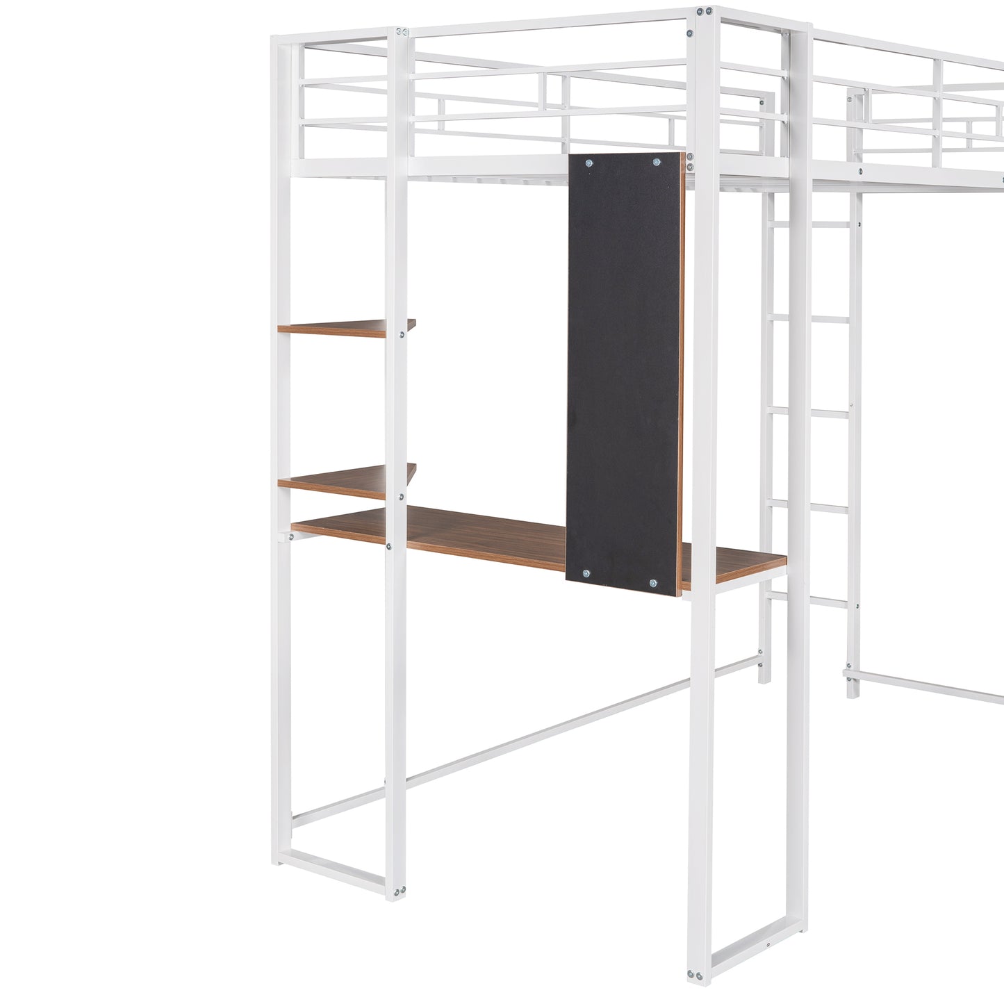 White metal loft bed with desk and shelves