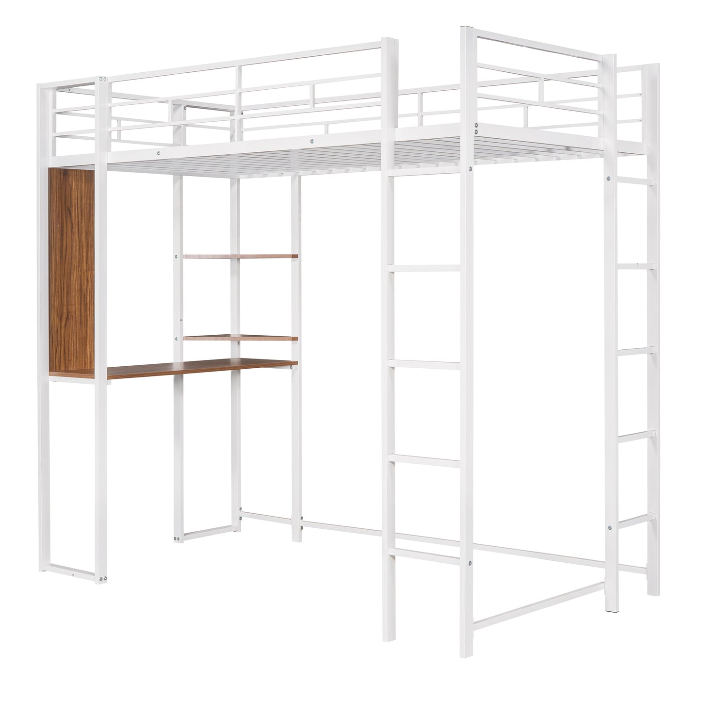 White metal loft bed with integrated desk and shelves