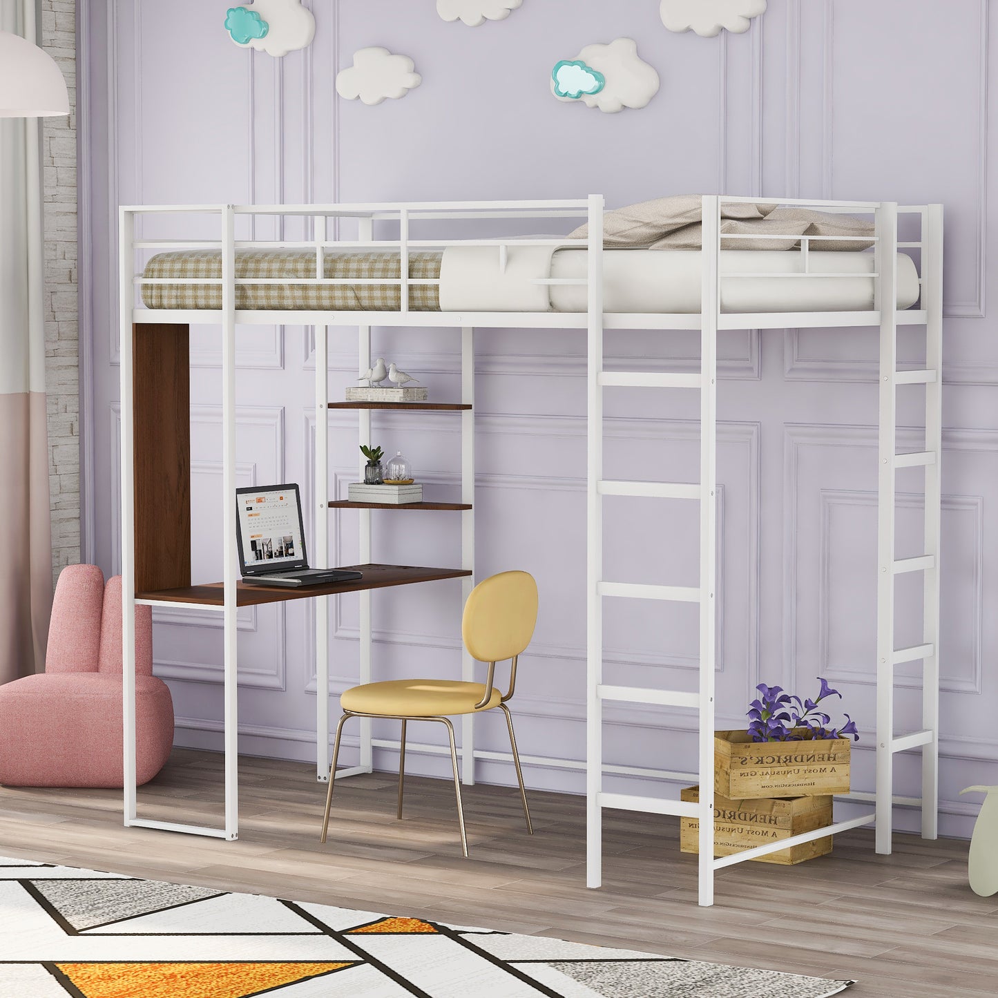 TREATLIFE HOME Twin Metal Loft Bed with Integrated Desk and Two Shelves, Space-Saving Design, Stylish White Finish