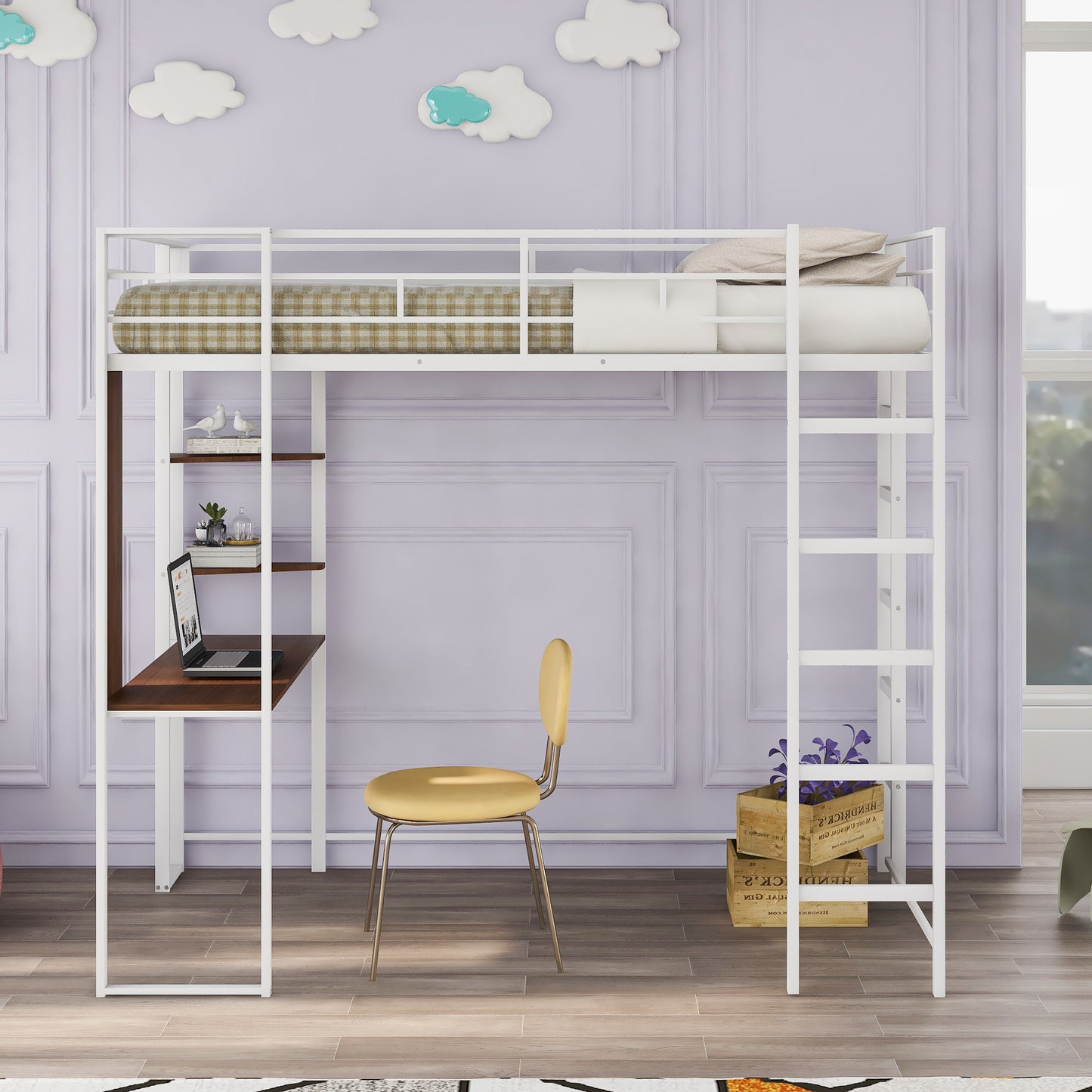 White metal loft bed with integrated desk and shelves