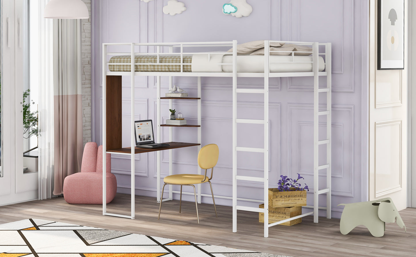 White metal loft bed with integrated desk and shelves