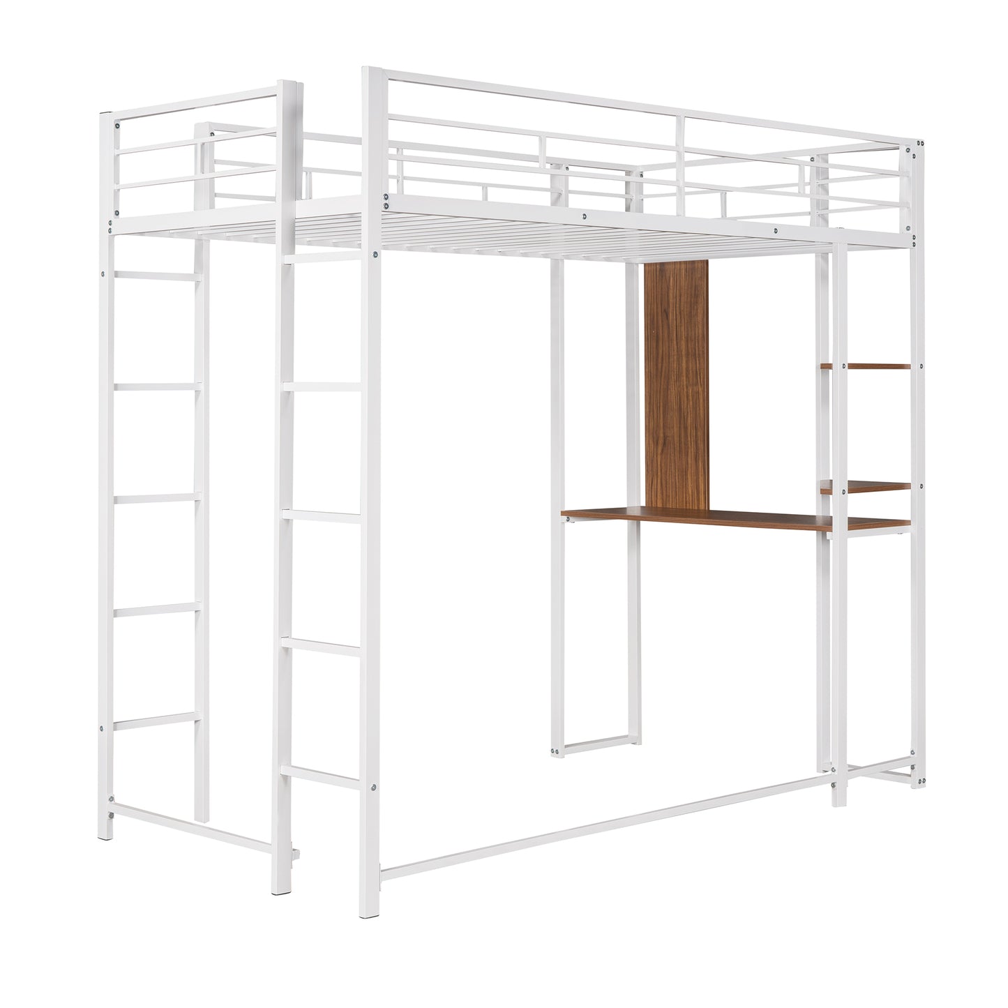 White metal loft bed with integrated desk and shelving