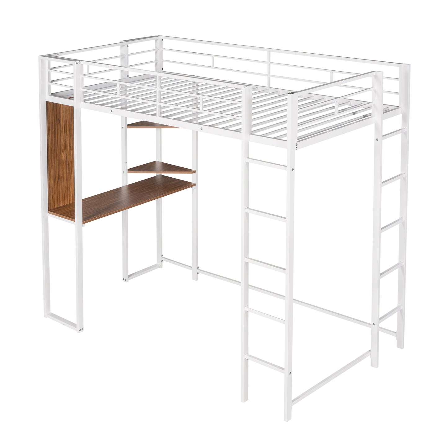 White metal loft bed with desk and wood shelves