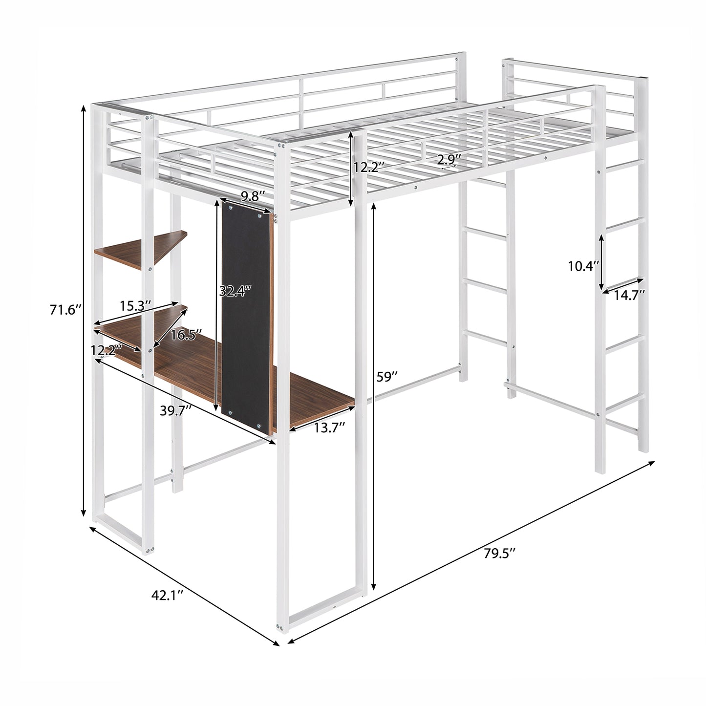 White metal loft bed with builtin desk and shelves
