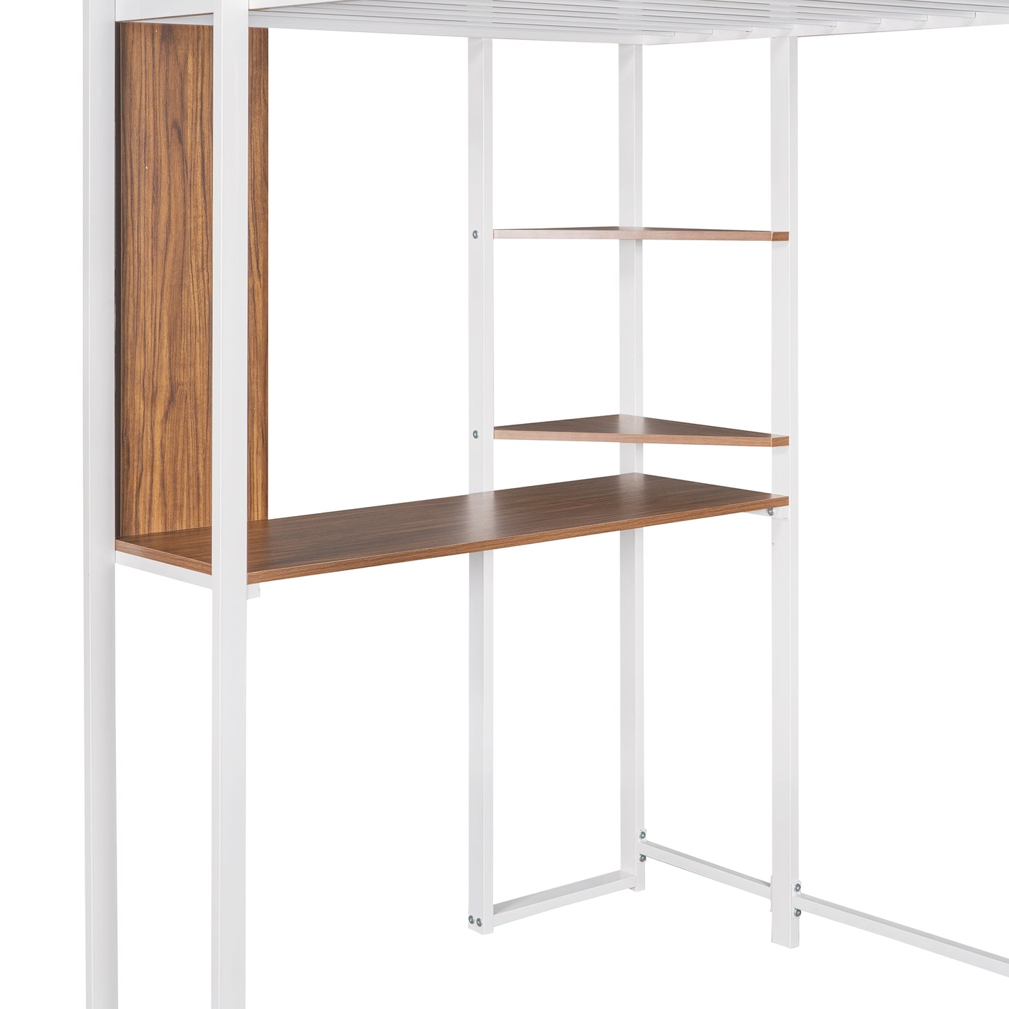 White metal frame desk with walnut finish shelves
