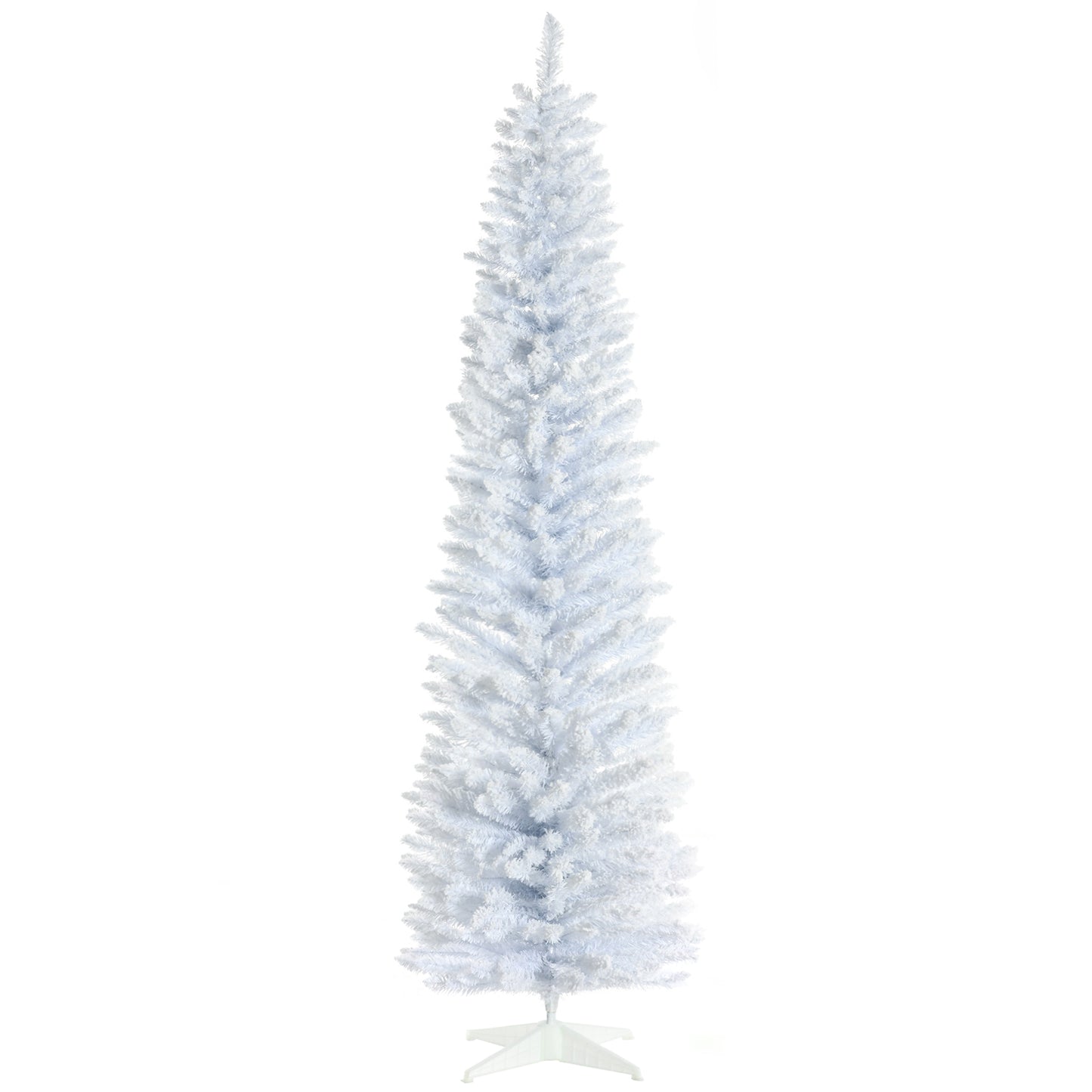 Tall slender white artificial Christmas tree with a flocked appearance