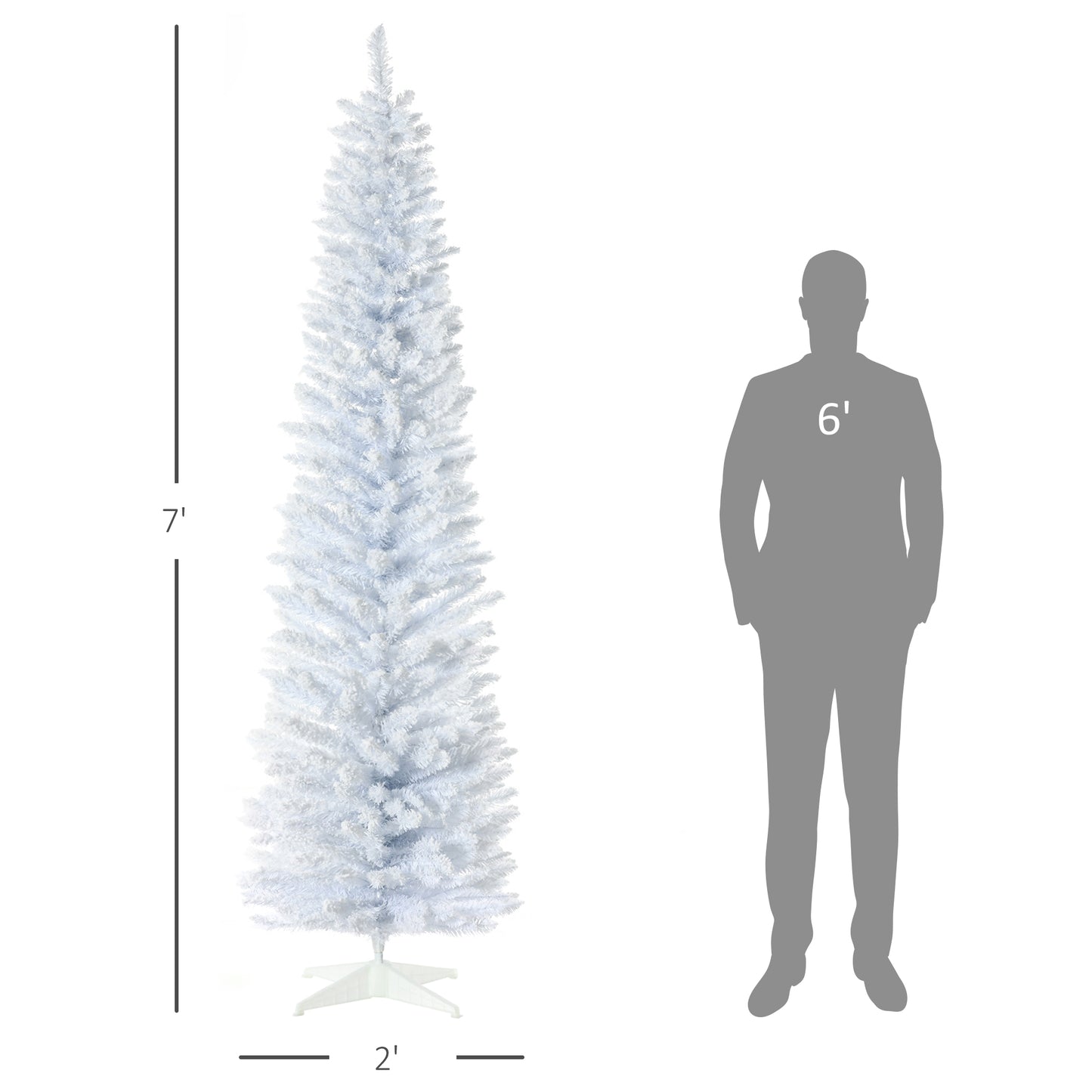 A foot tall slender artificial white christmas tree with flocked tips standing next to a foot silhouette