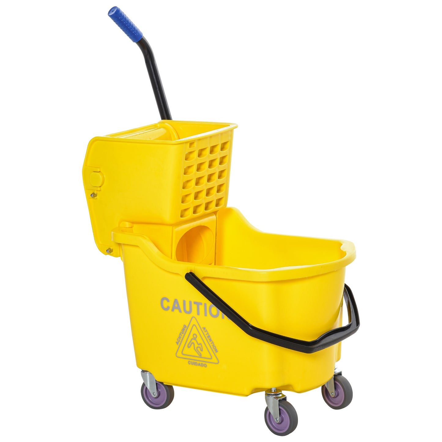 Yellow mop bucket with wringer and blue handle ideal for commercial cleaning