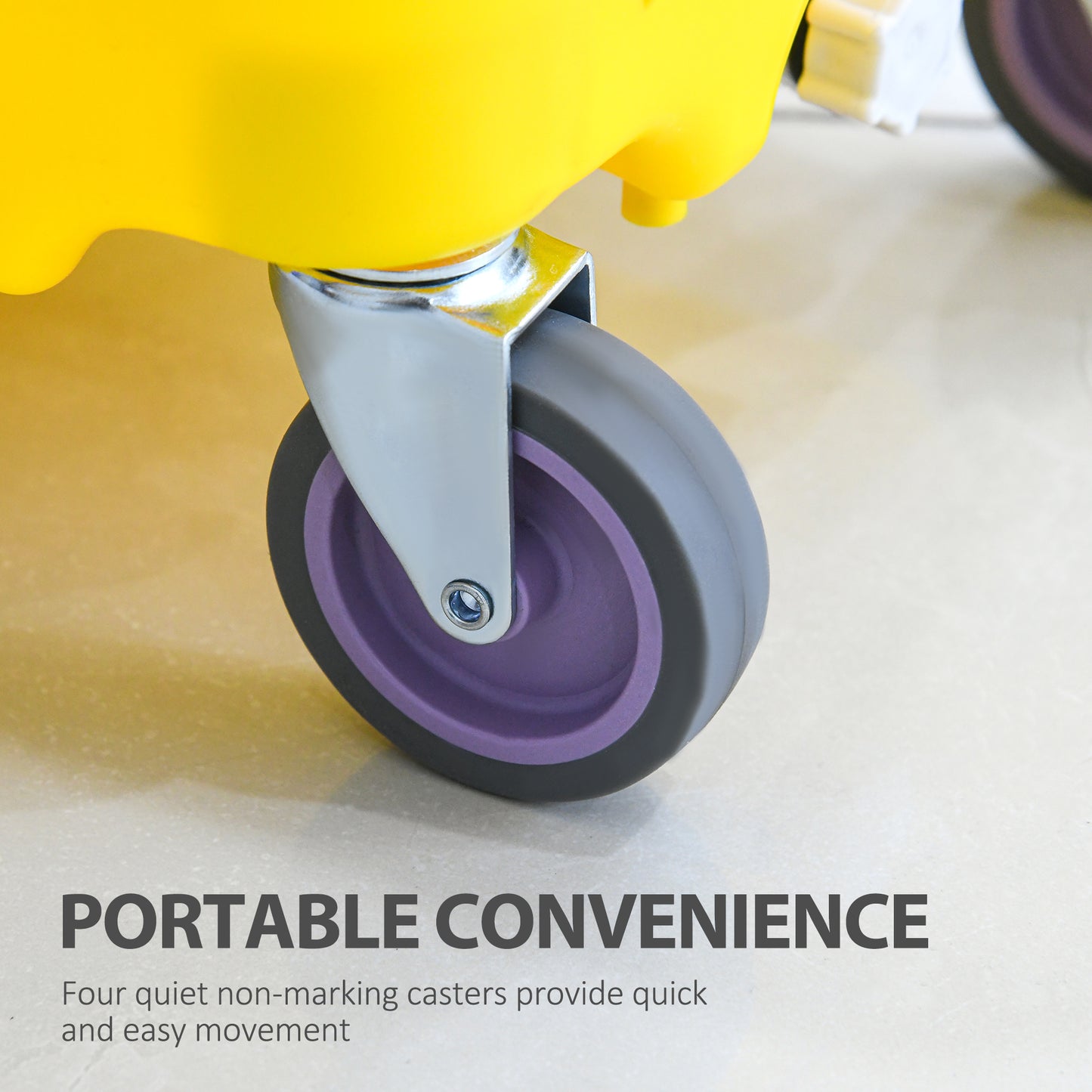 Gray caster with purple rim and silver bracket attached to yellow base ideal for mobile carts