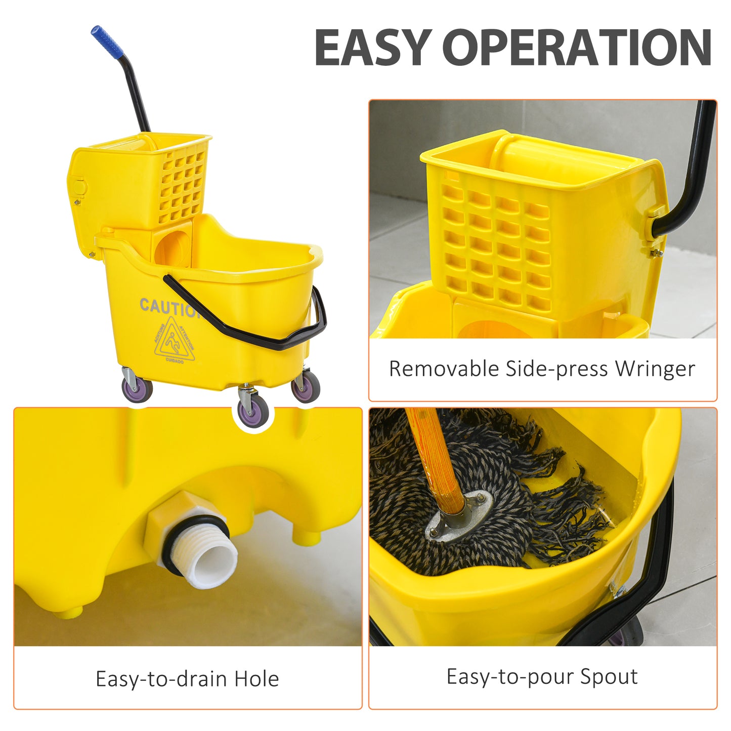 Yellow mop bucket with blue handle and removable wringer for easy cleaning