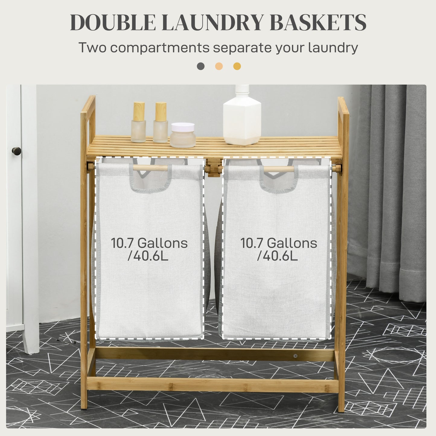 Bamboo double laundry basket with two grey canvas hampers gallons each