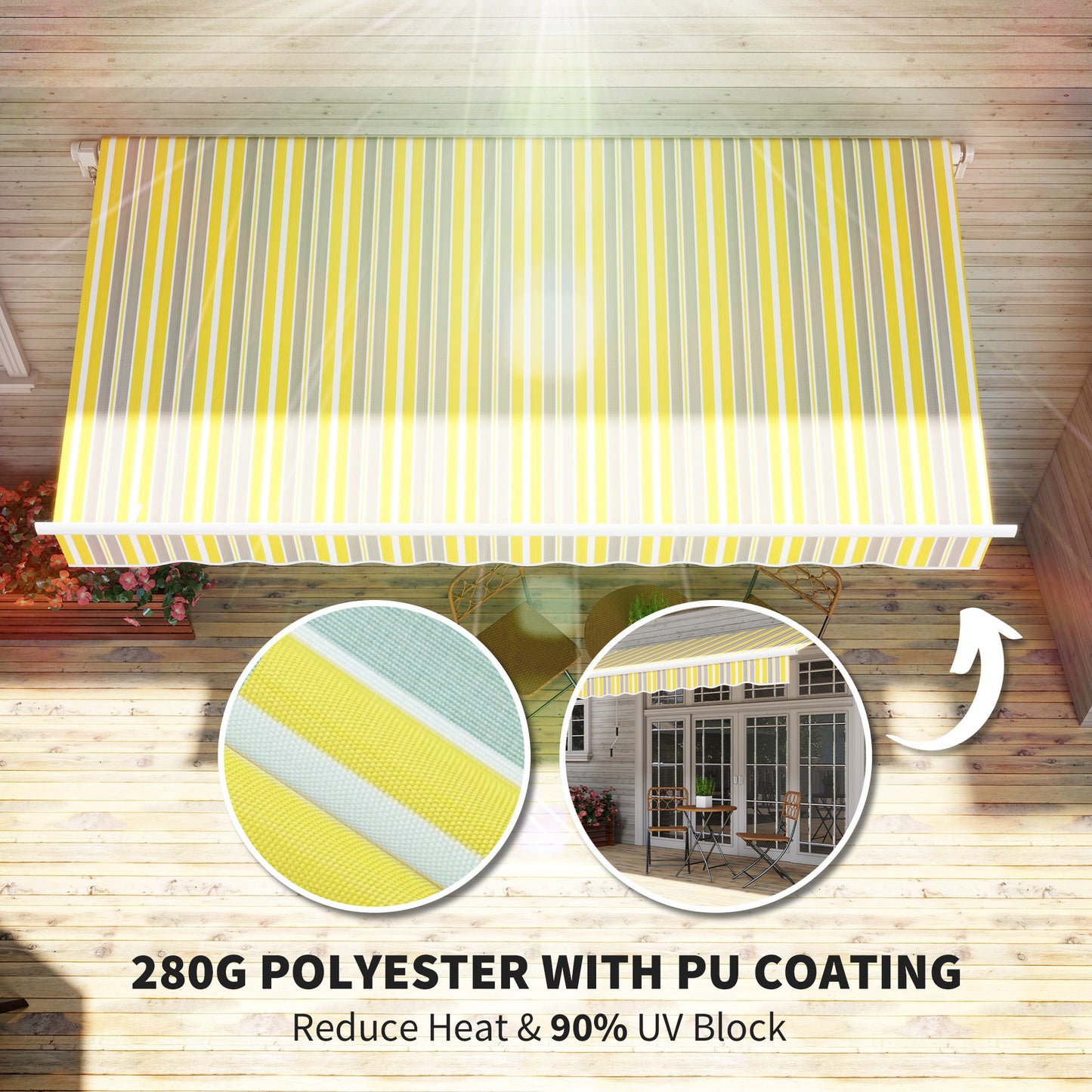 Retractable awning with yellow grey and white stripes over a wooden deck
