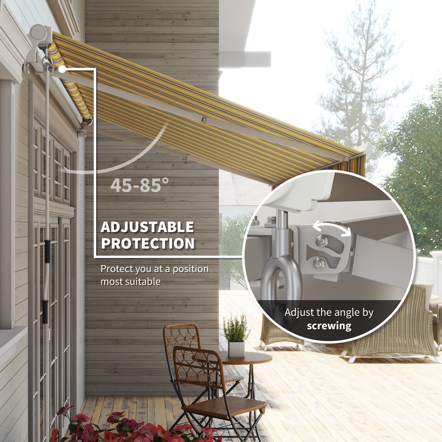 Retractable patio awning with yellow and gray stripes adjustable angle from degrees