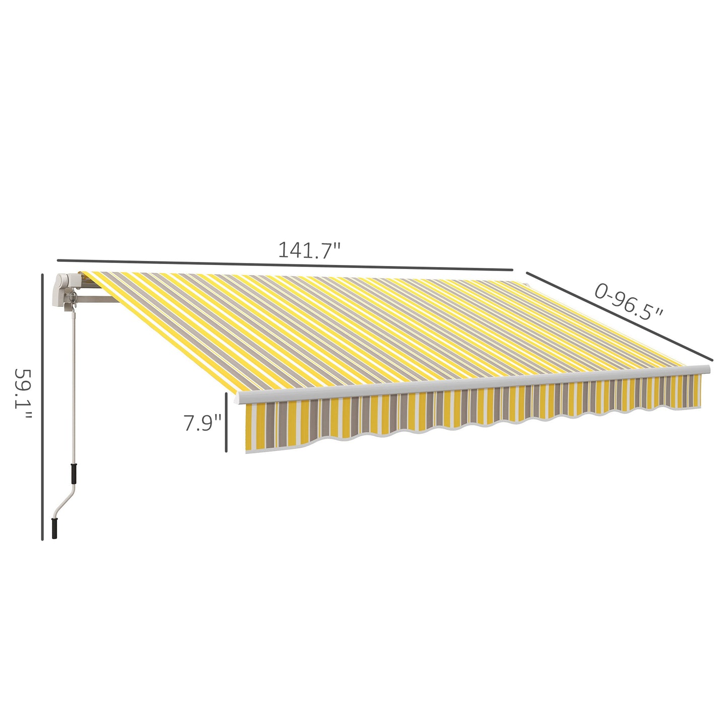 Retractable awning with yellow and grey stripes wide for outdoor patios