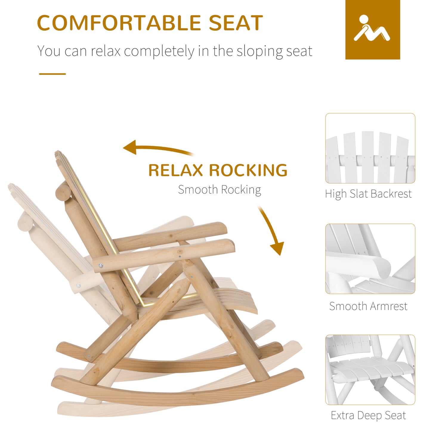 Wooden rocking chair with smooth rocking motion and comfortable sloping seat