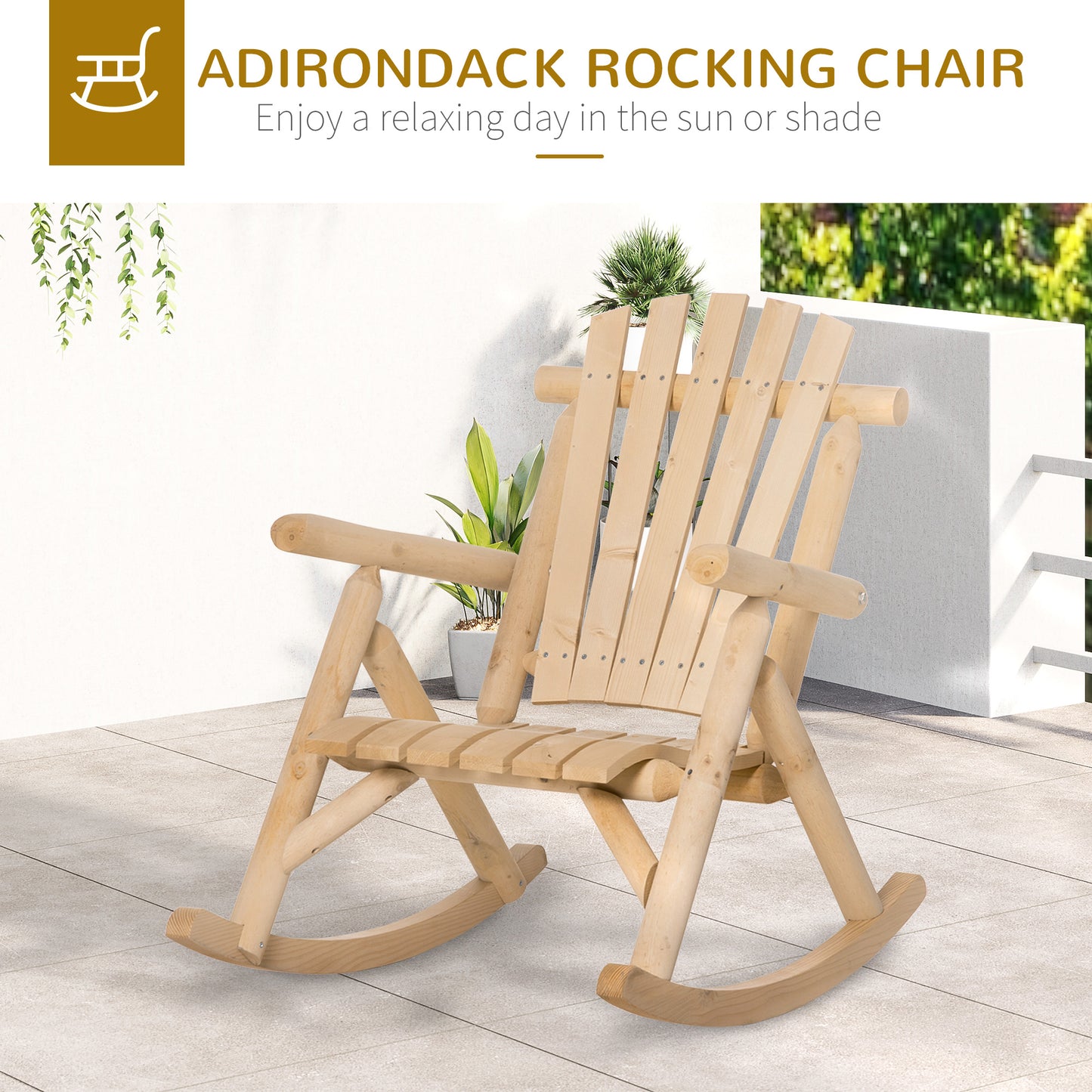 Natural wood adirondack rocking chair on outdoor patio