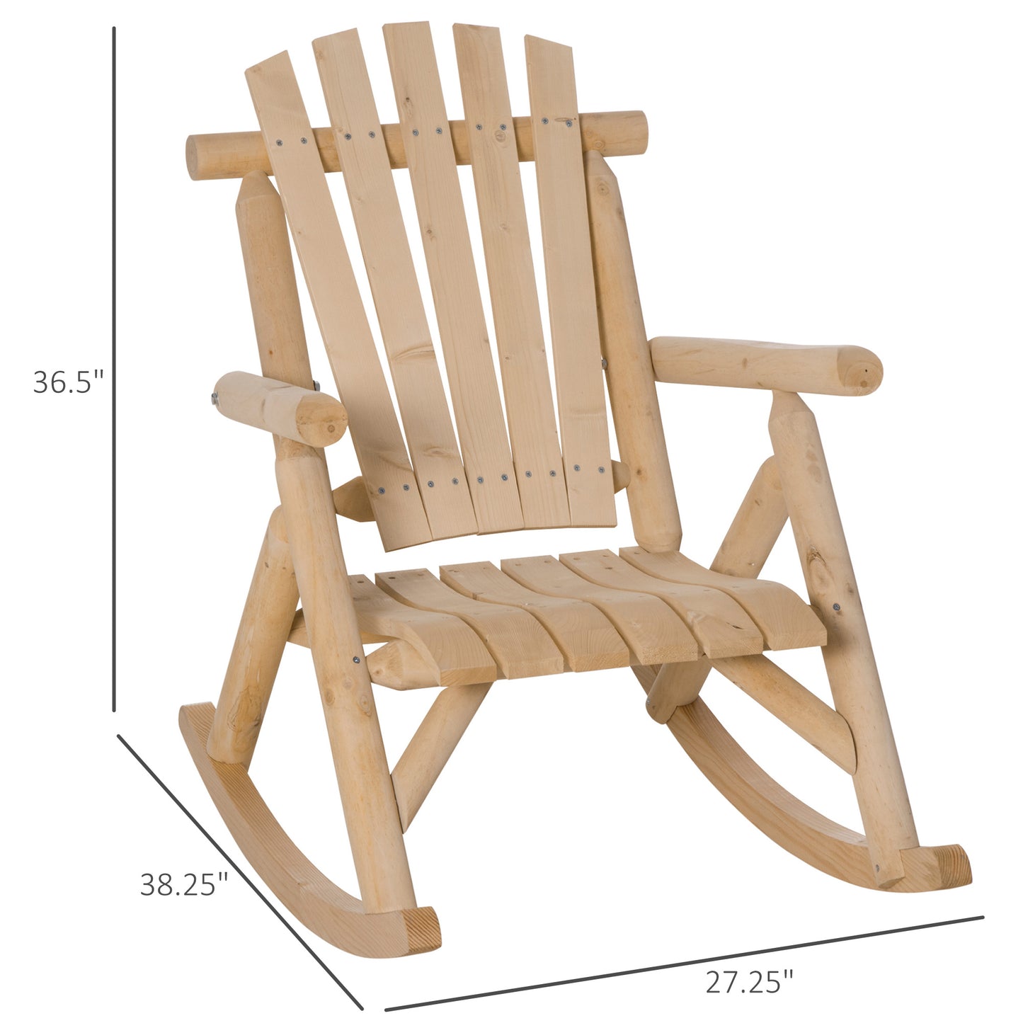 Natural wood Adirondack rocking chair with a slatted back and seat for outdoor comfort