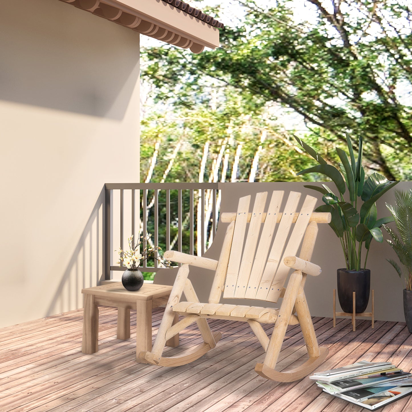 Natural wood Adirondack rocking chair on a patio with side table