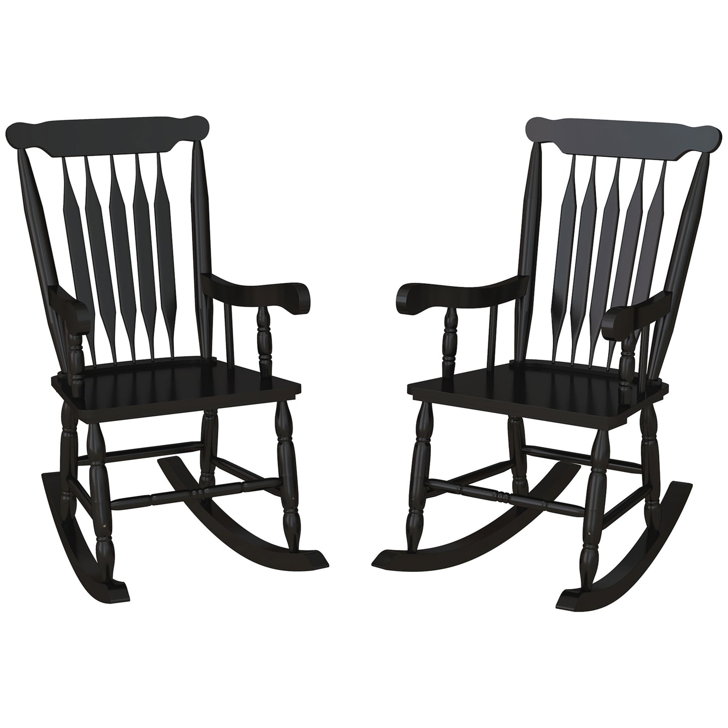 Pair of black wooden rocking chairs with spindle backs perfect for a cozy living room