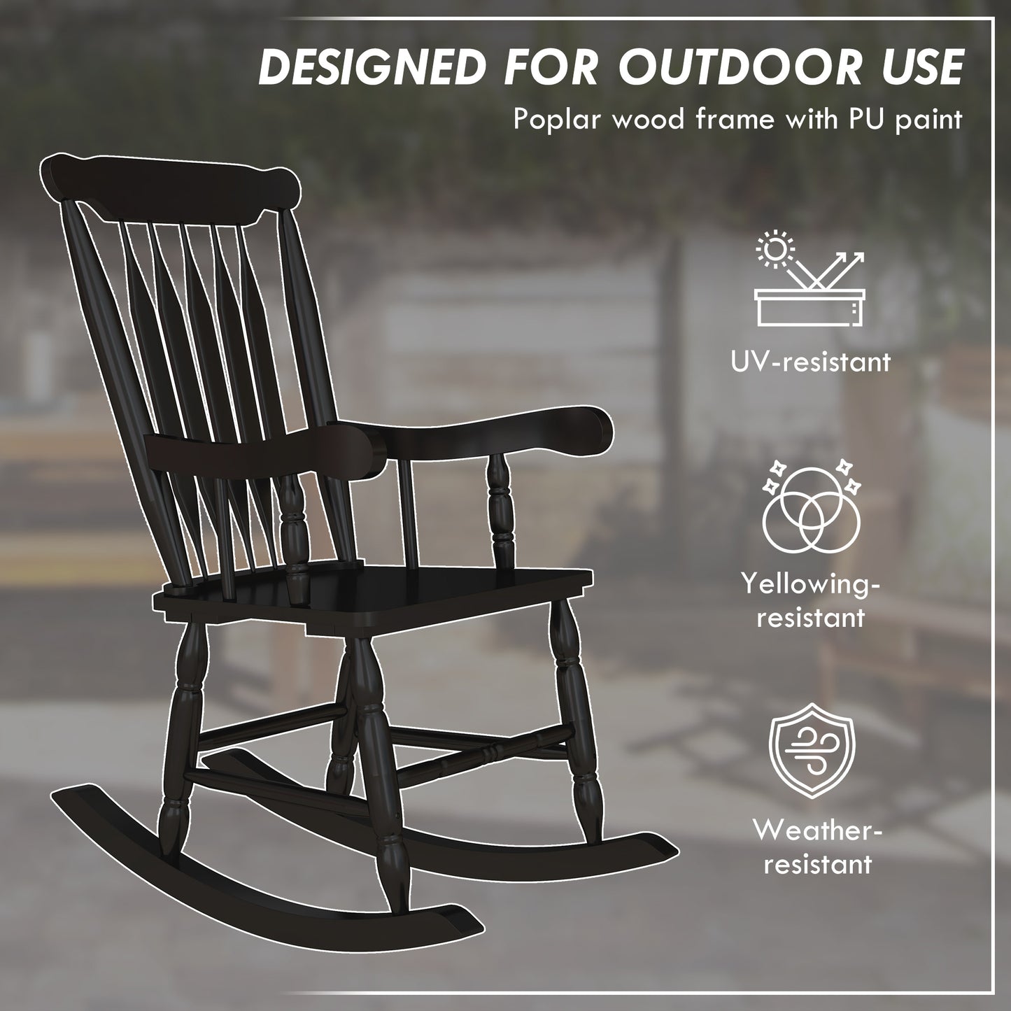 Dark brown poplar wood rocking chair with classic spindle back and comfortable armrests for outdoor use