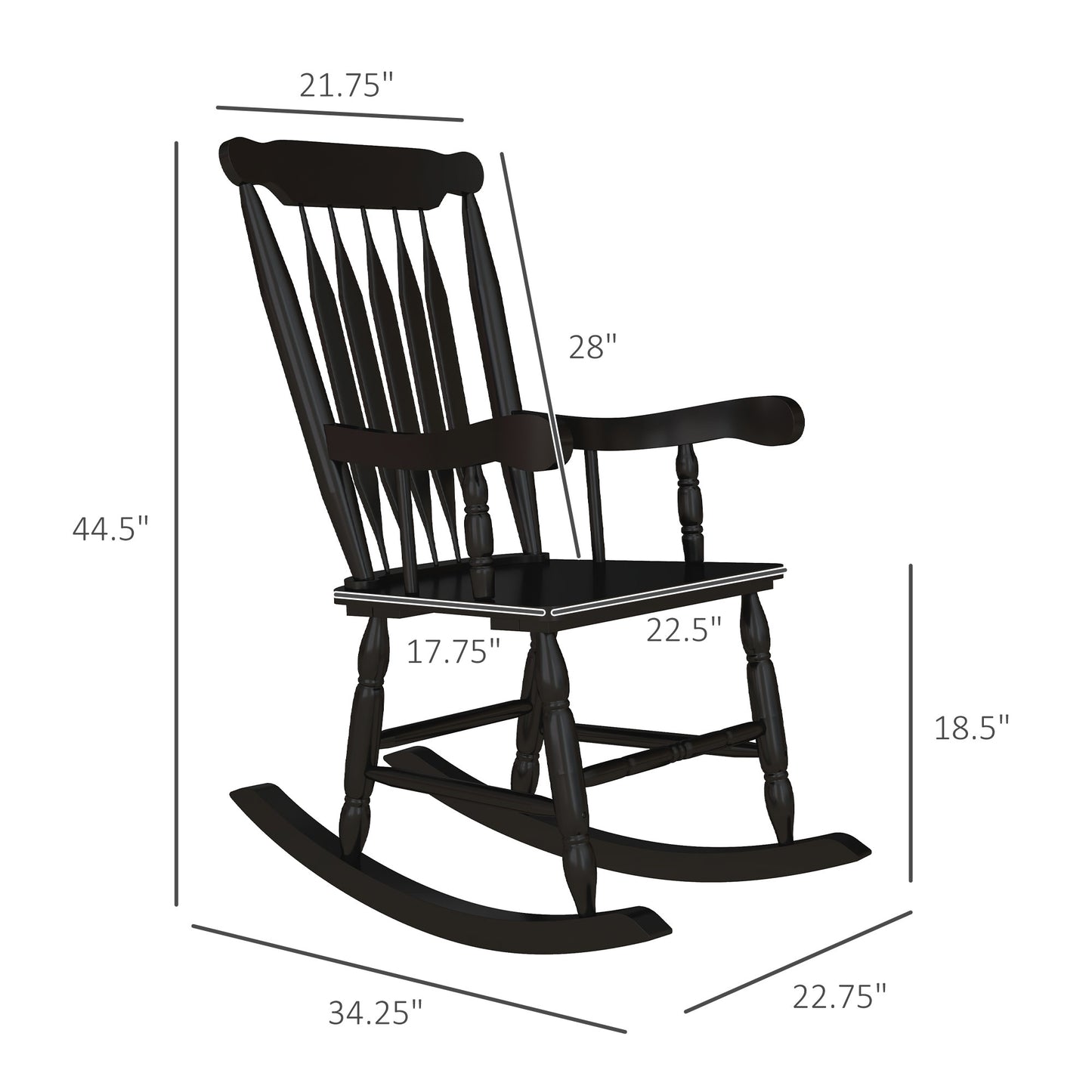 Black wooden rocking chair with spindle back and curved arms ideal for relaxation