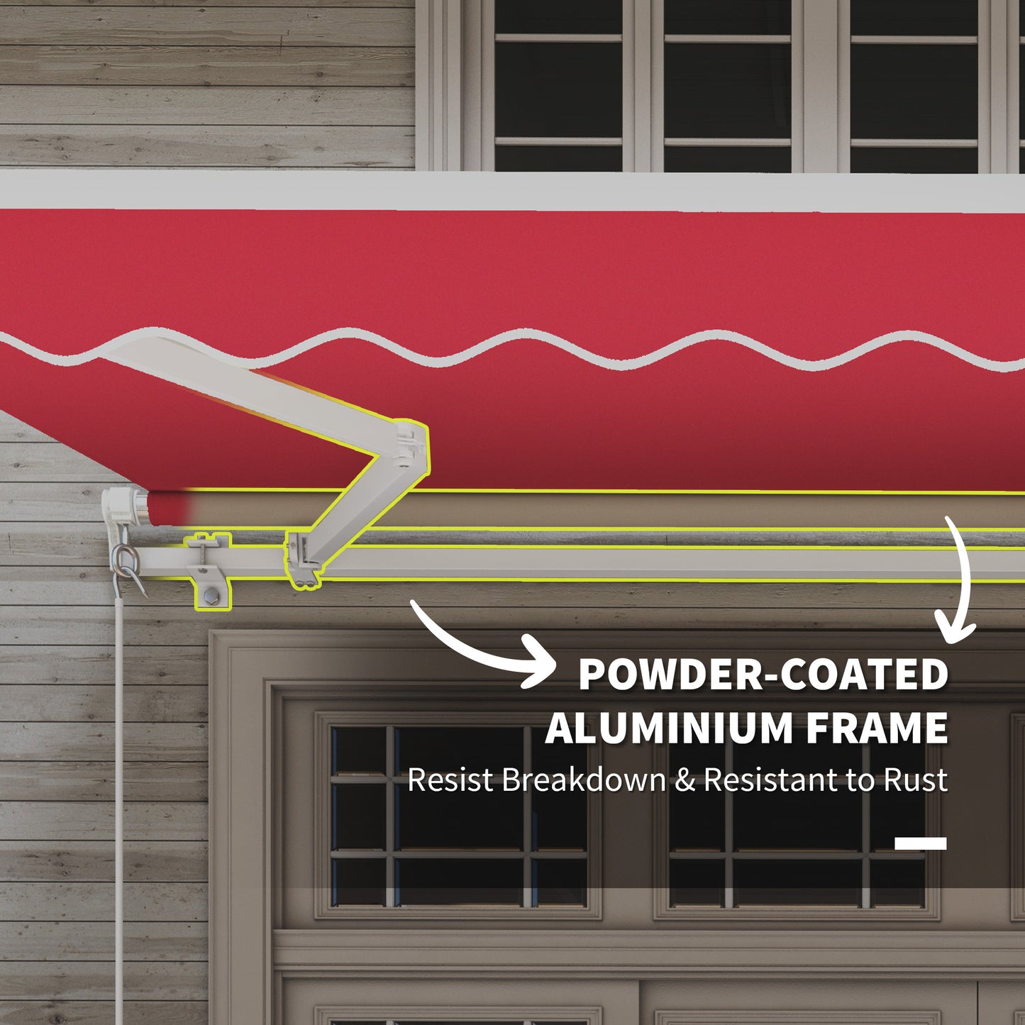 Retractable awning with a bright red fabric and a durable powdercoated aluminum frame