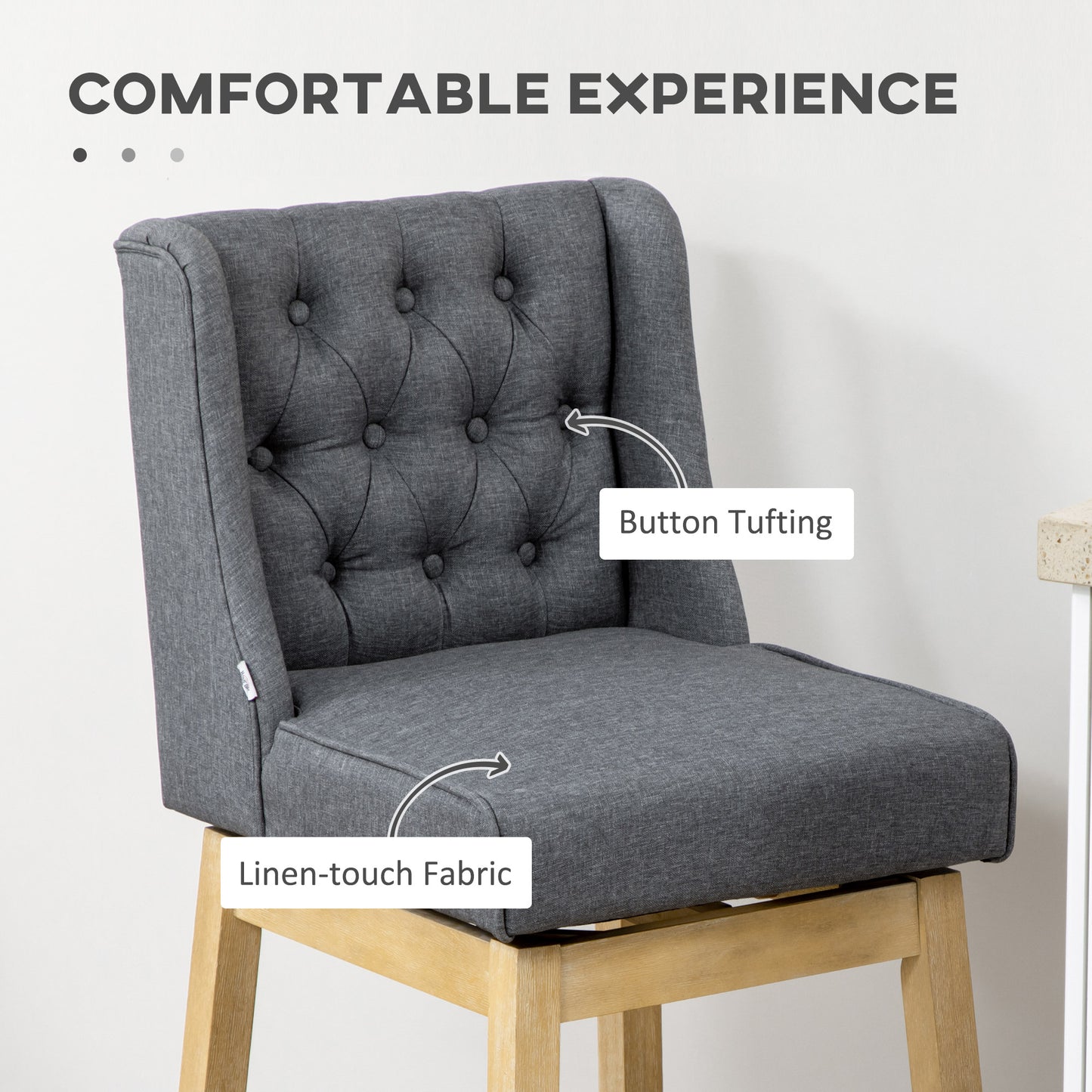 Dark grey button tufted bar stool with linentouch fabric and wooden legs