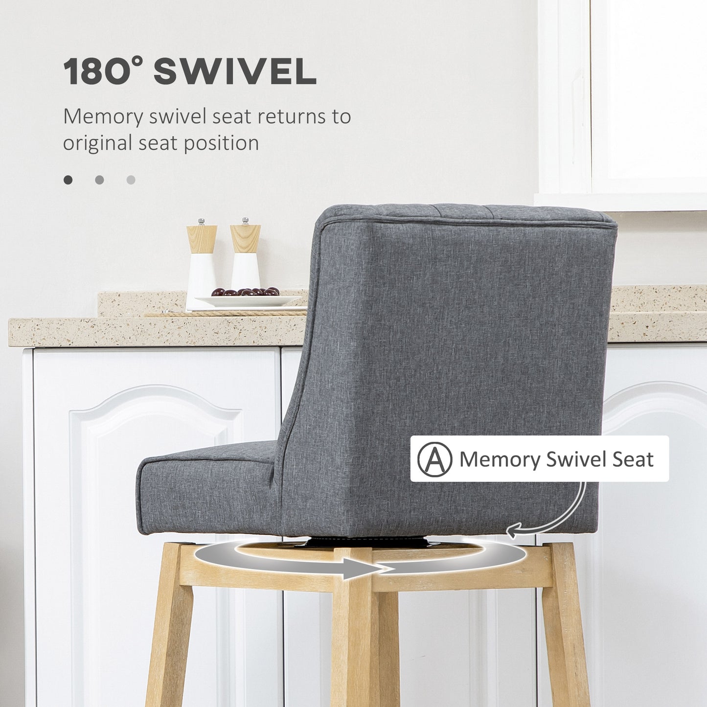 Gray upholstered swivel bar stool with memory seat function