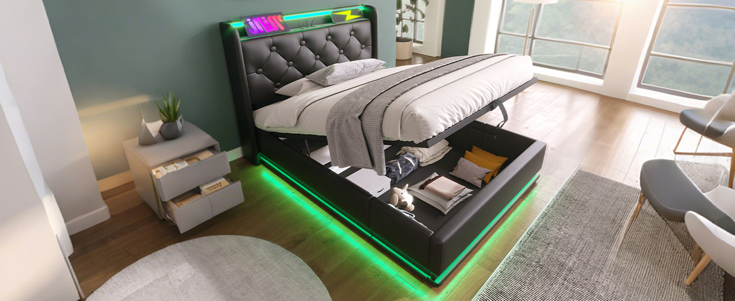 Black faux leather bed with tufted headboard and RGB LED lighting