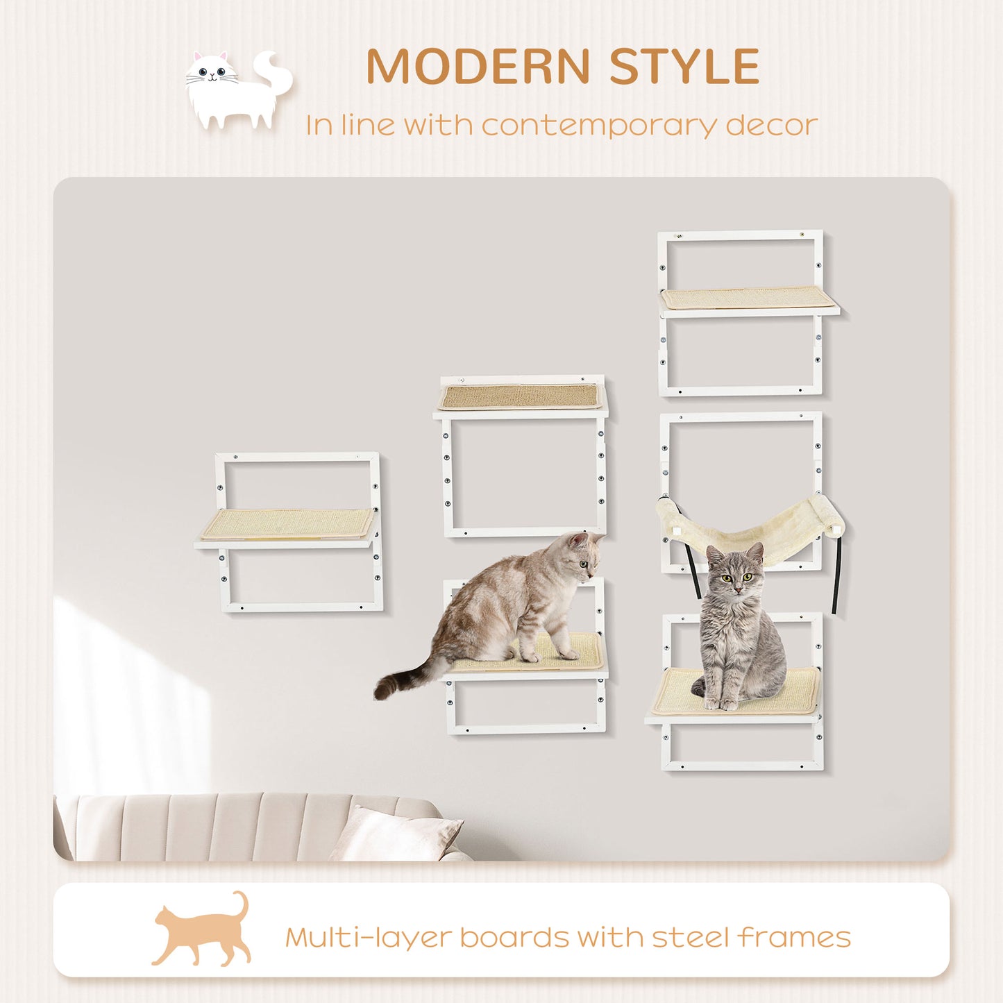 Wallmounted cat shelves with sisal scratching posts and modern design