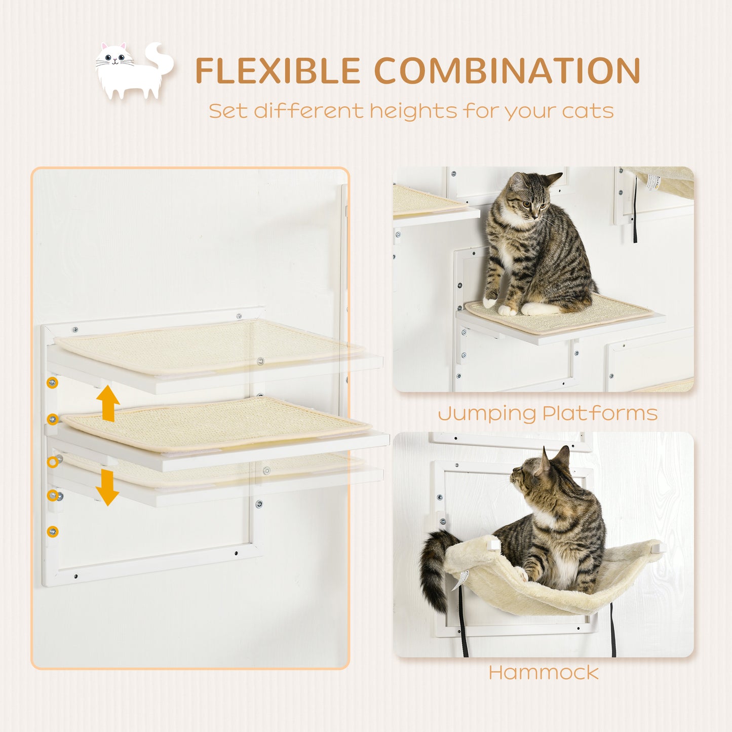 White wallmounted cat shelves with sisal scratching surfaces and adjustable heights