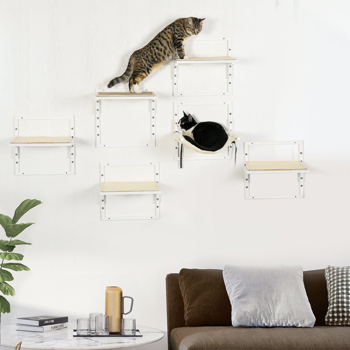 White modern cat wall shelves with sisal scratch pads for climbing