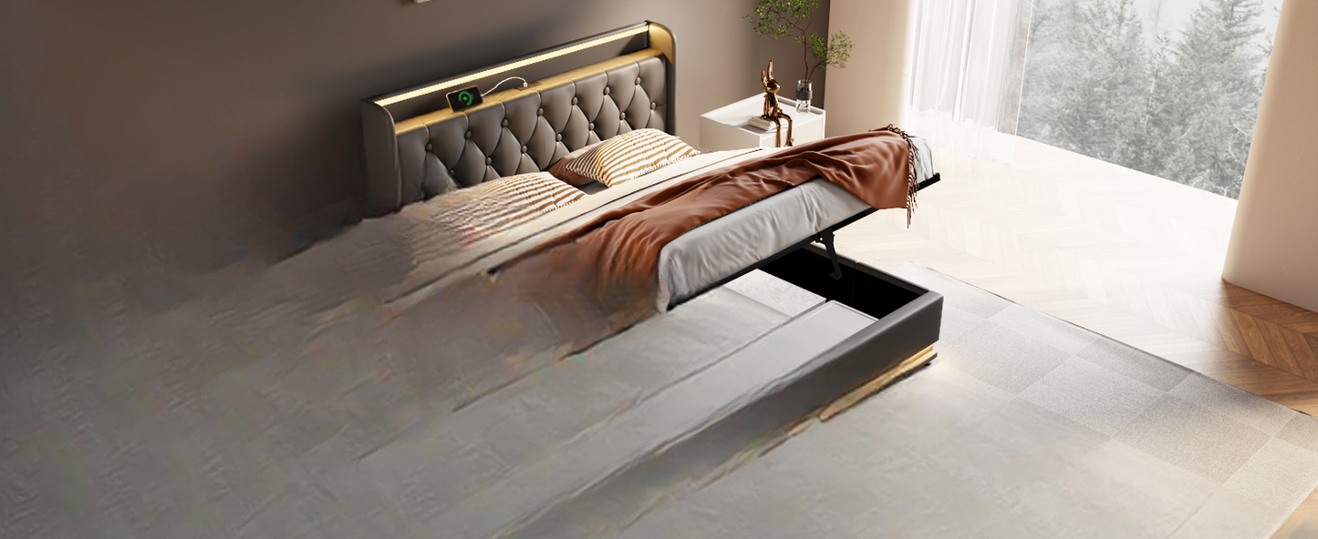 Tufted grey upholstered bed frame with builtin wireless charger and storage lift
