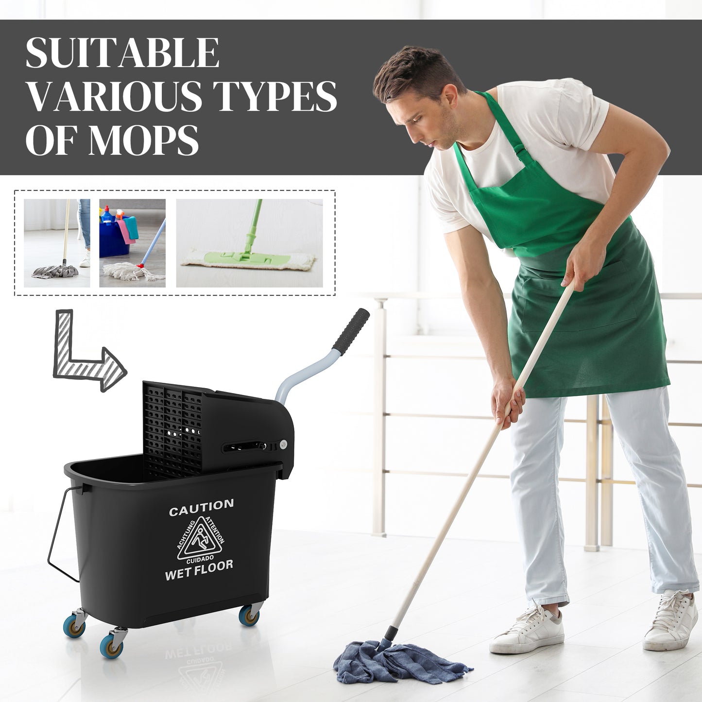 Man cleaning floor with mop and bucket emphasizing wet floor safety