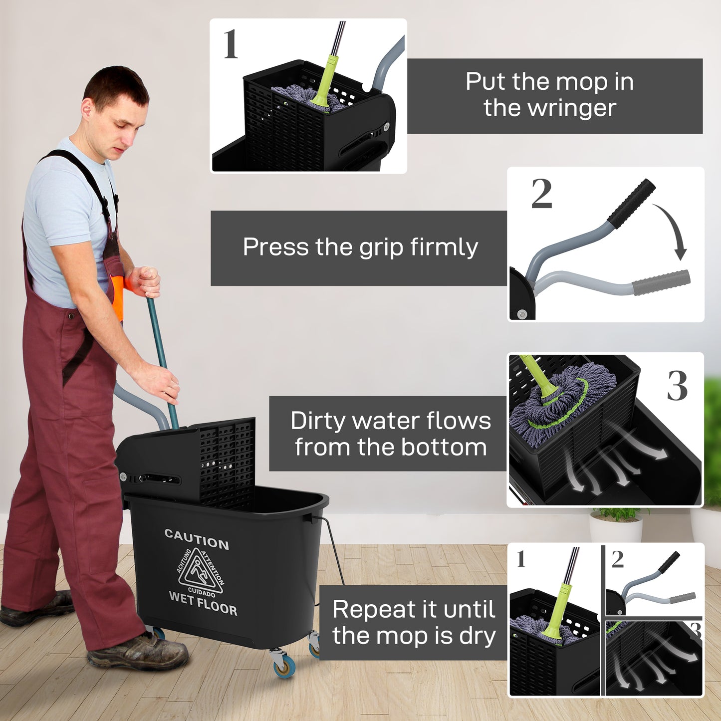 Black mop bucket with wringer ready for use