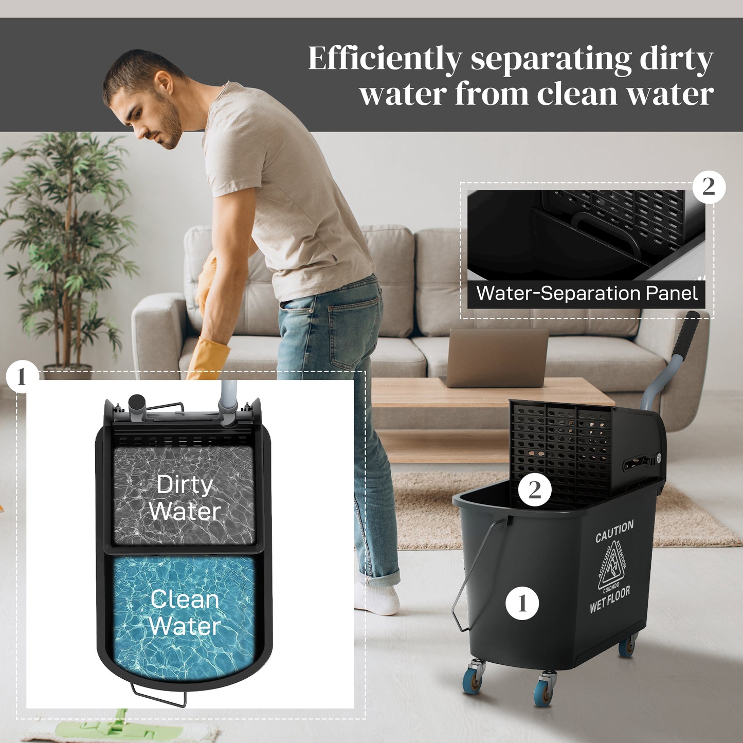 Mop bucket with dual chambers for dirty and clean water featuring a waterseparation panel