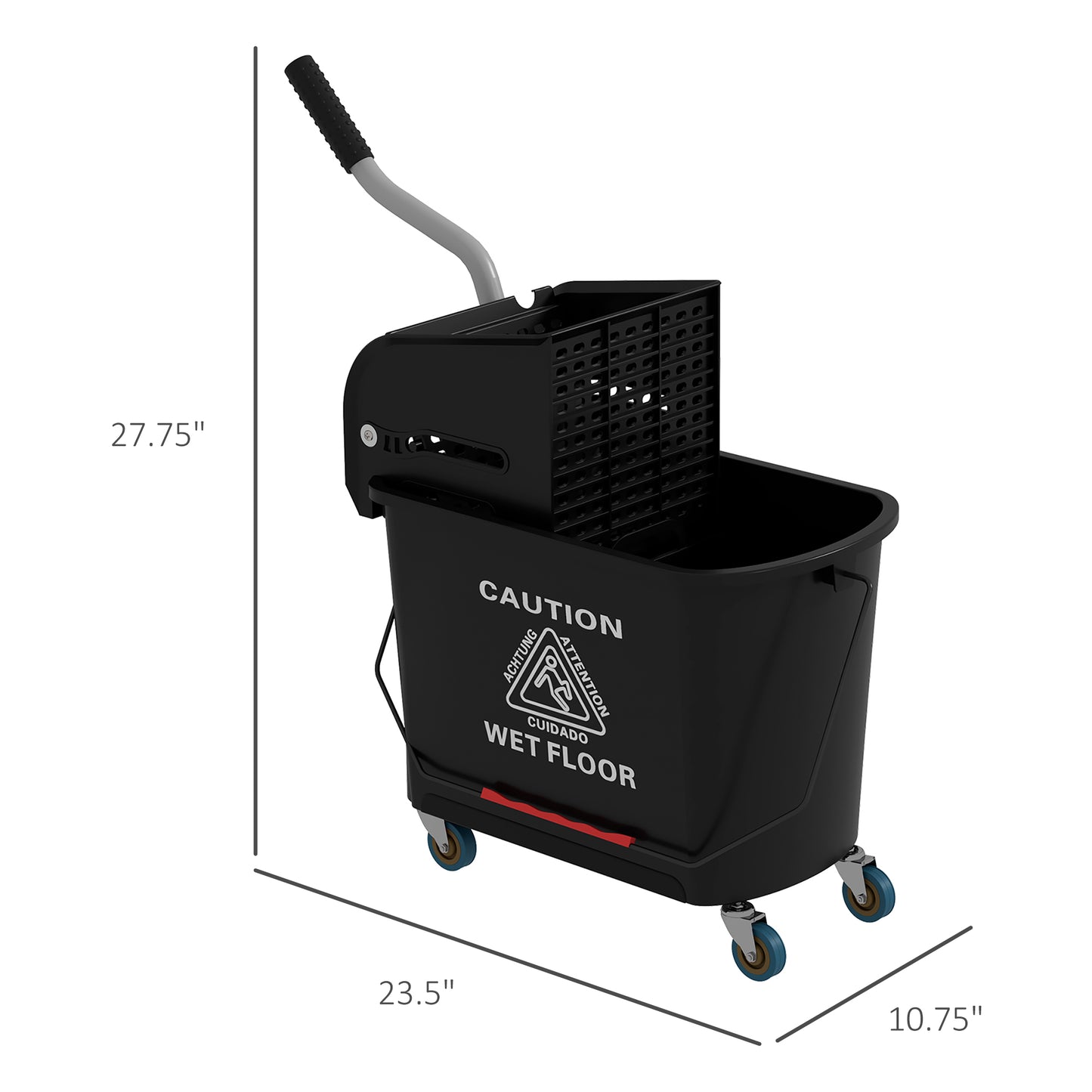 Black rolling mop bucket with wringer featuring a comfortable grip handle and CAUTION WET FLOOR warning