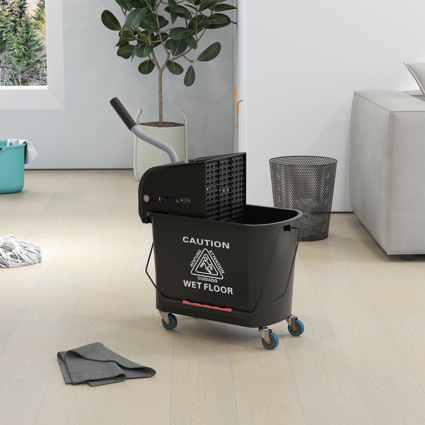 Black commercial mop bucket with wringer and Wet Floor warning sign ideal for janitorial services