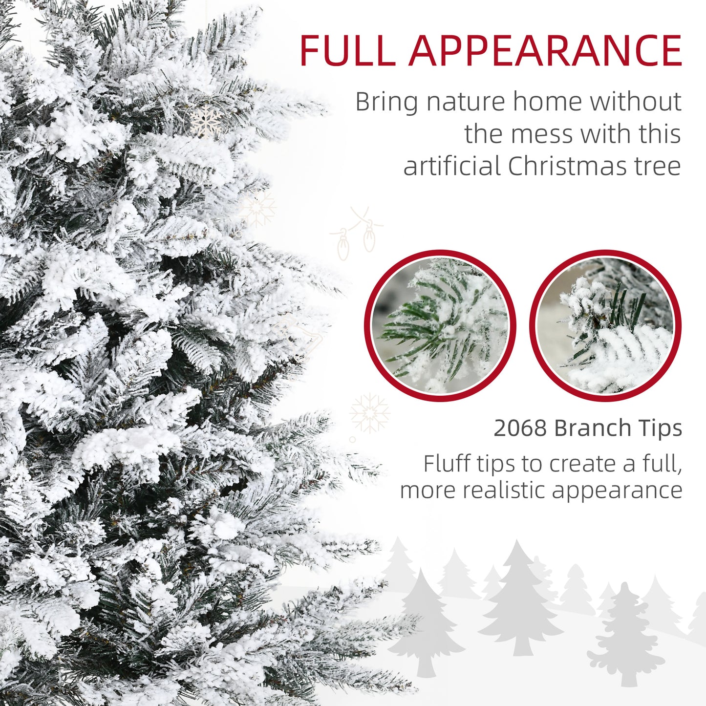 Flocked artificial Christmas tree with dense branches and snowy white tips