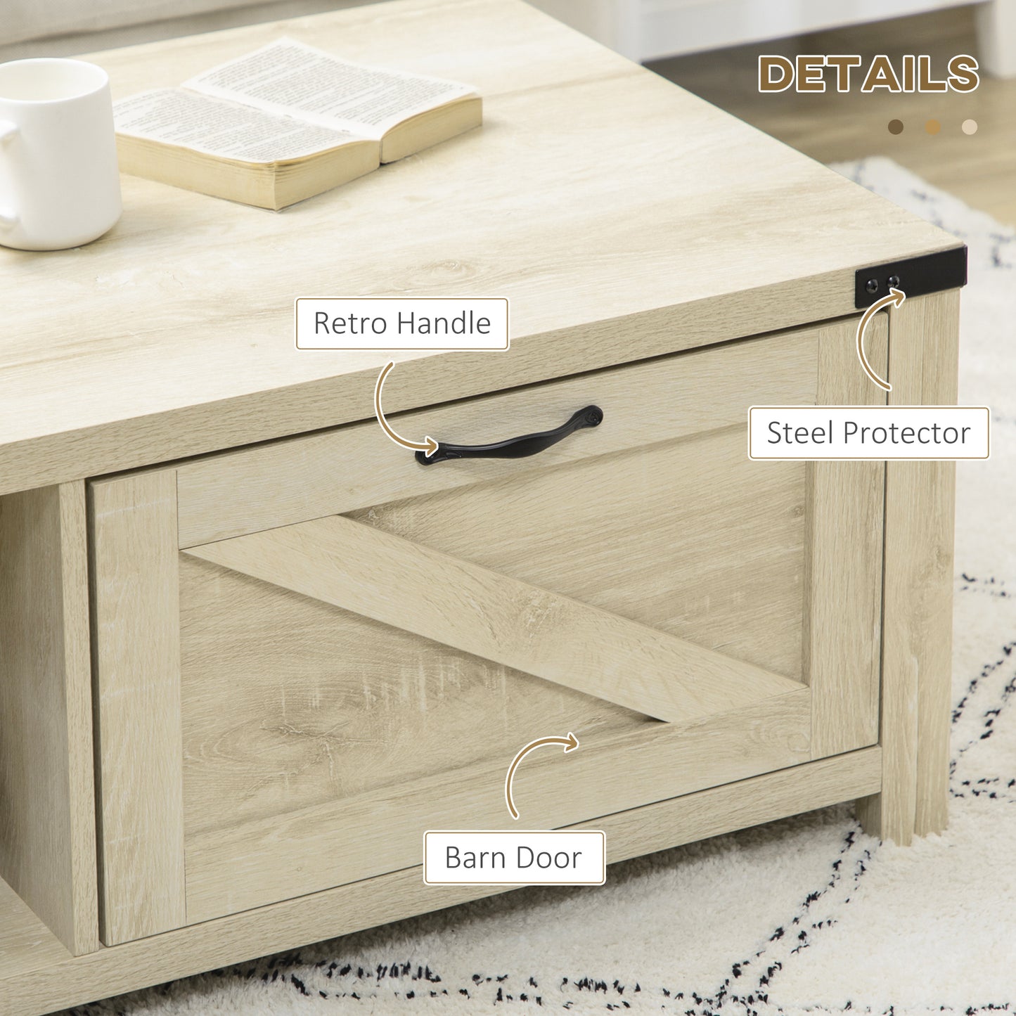 Light oak wood coffee table with black retro handle and barn door drawer