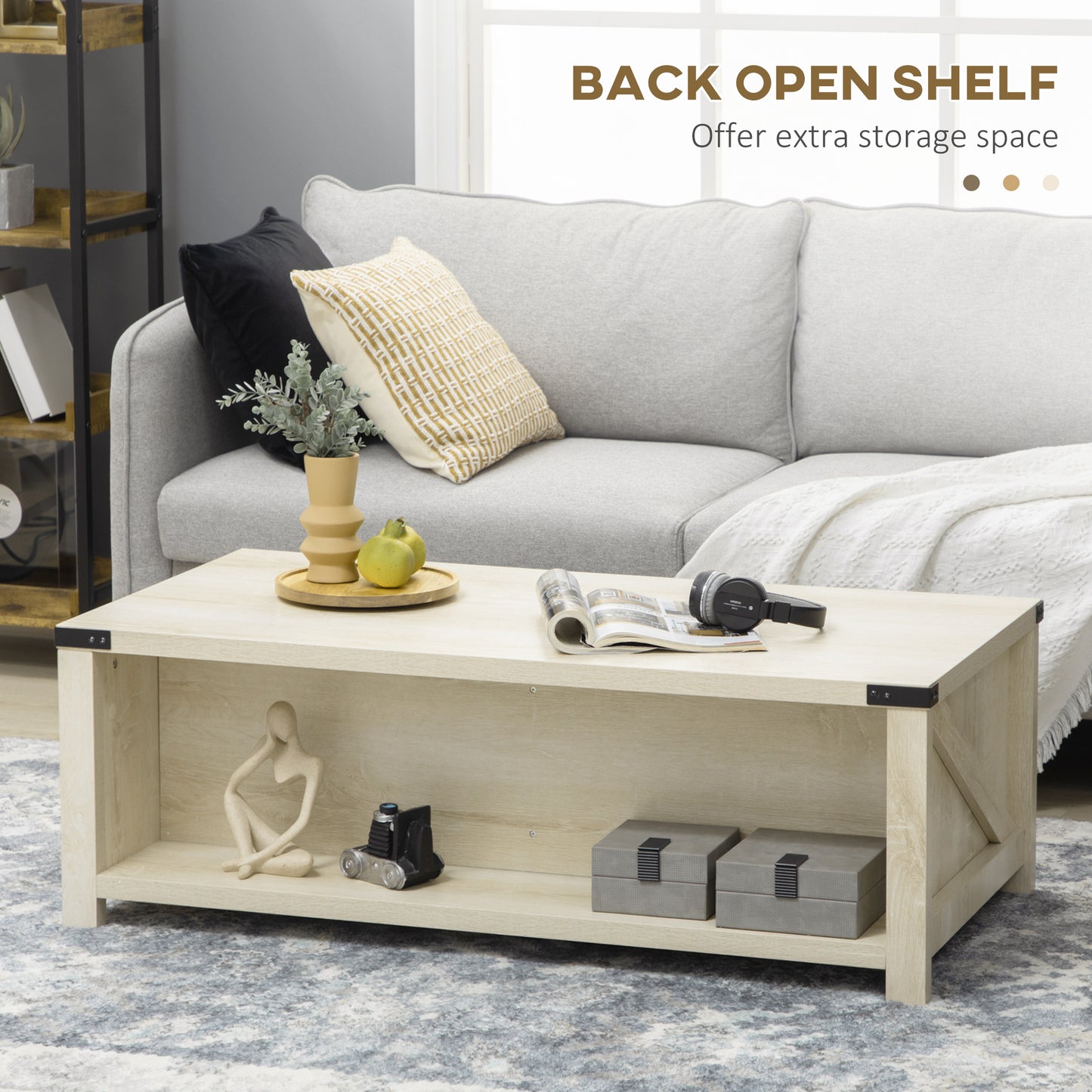 Light oak coffee table with open shelf and decorative items