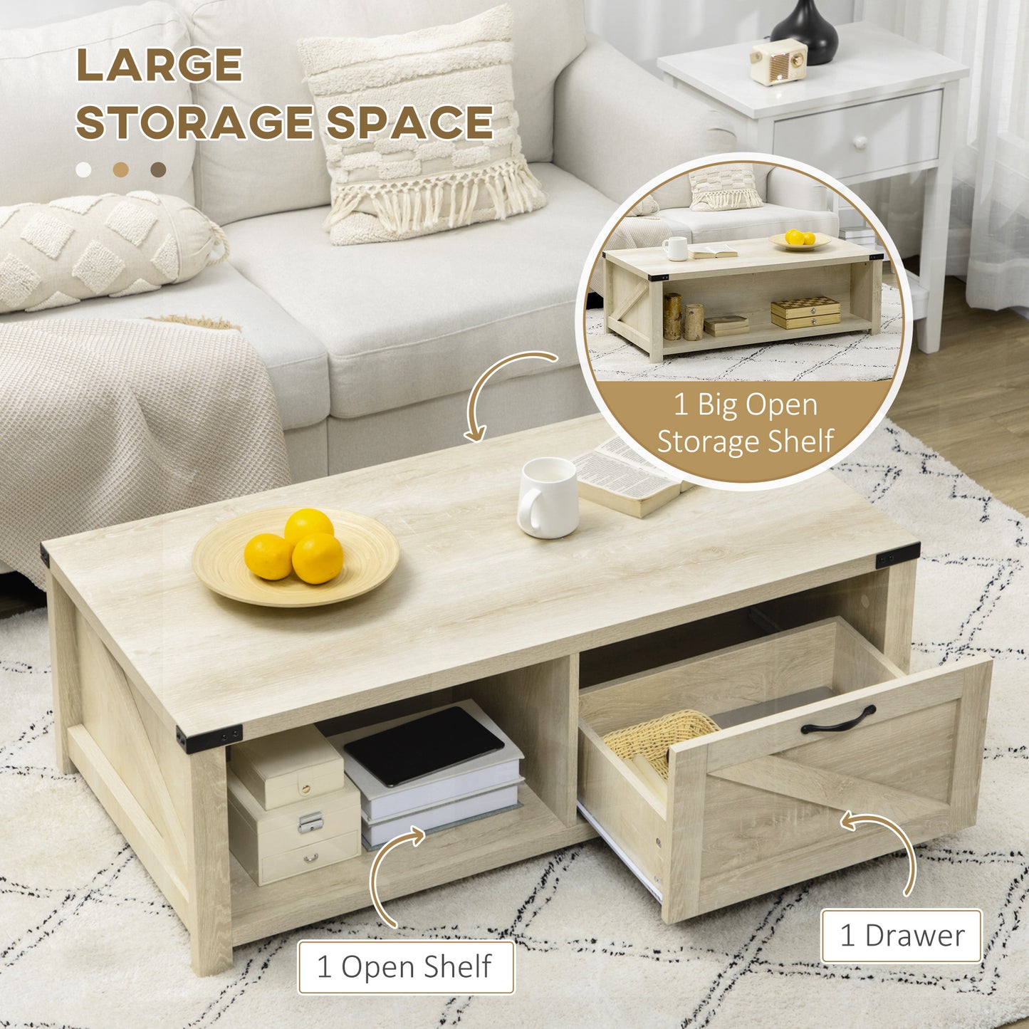 Light oak coffee table with a large open shelf and one drawer perfect for living room storage