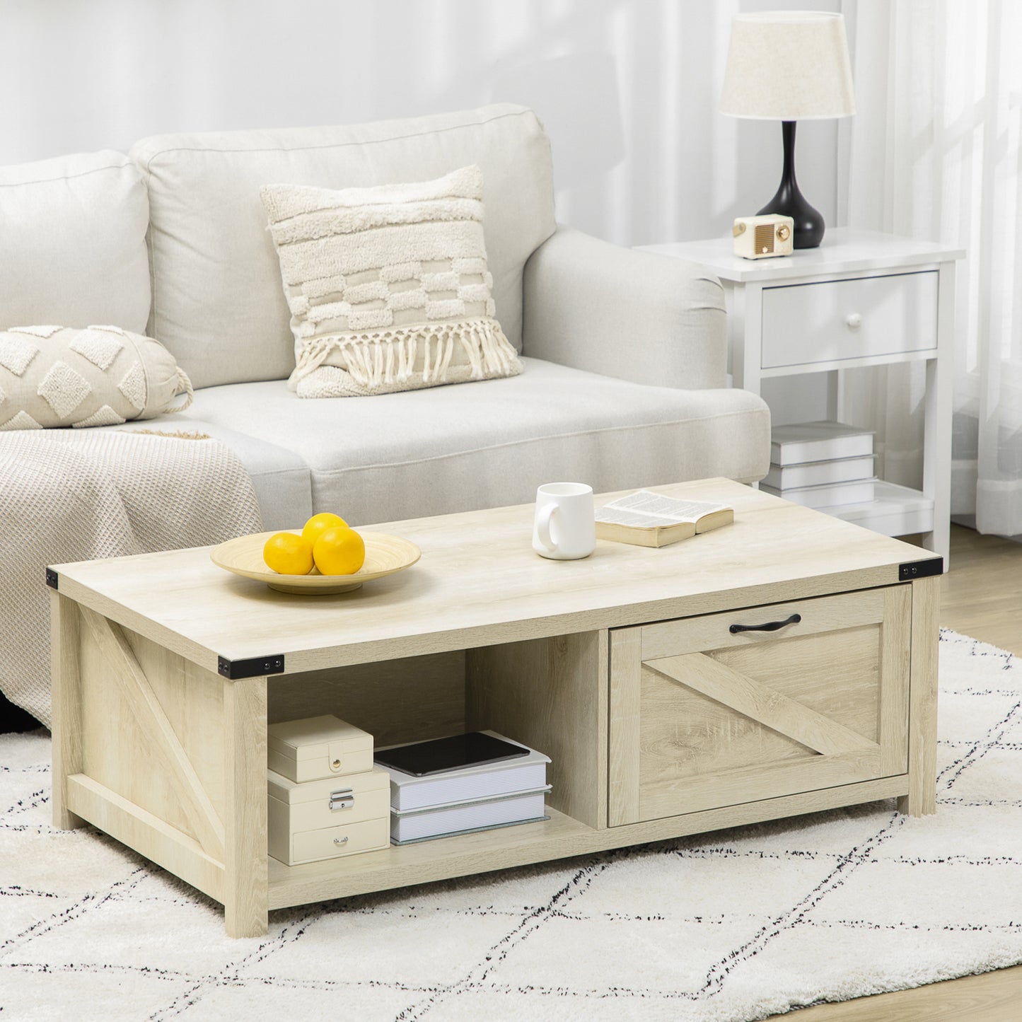 Light oak farmhouse coffee table with drawer and open shelf storage