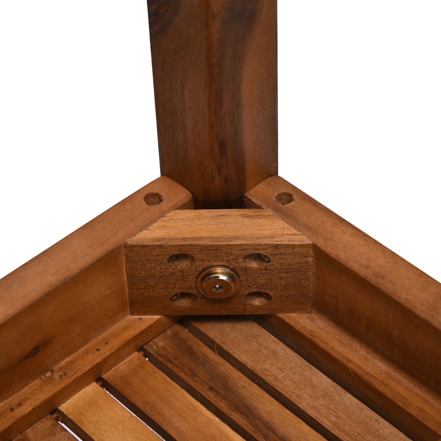 Closeup of solid acacia wood bench leg joint with metal hardware for assembly