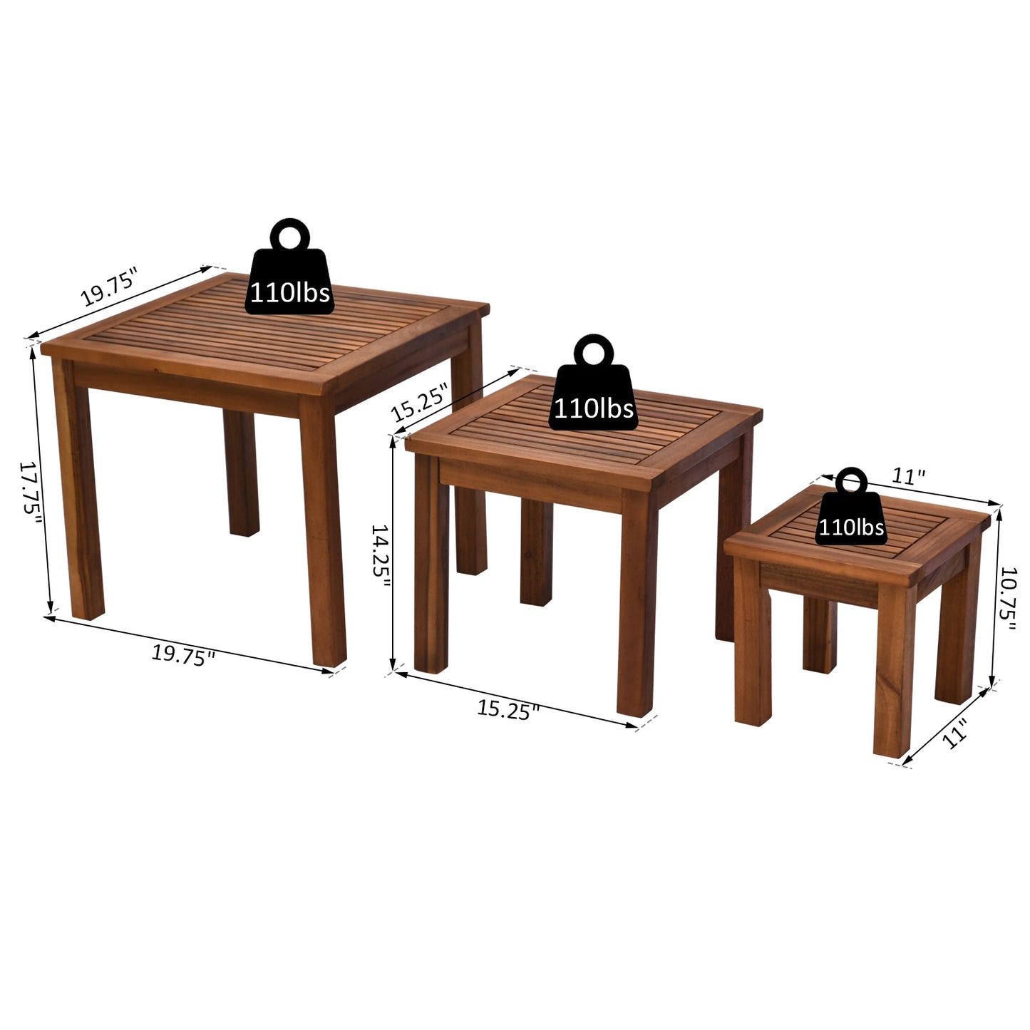 Set of three wooden nesting end tables in various sizes perfect for outdoor use