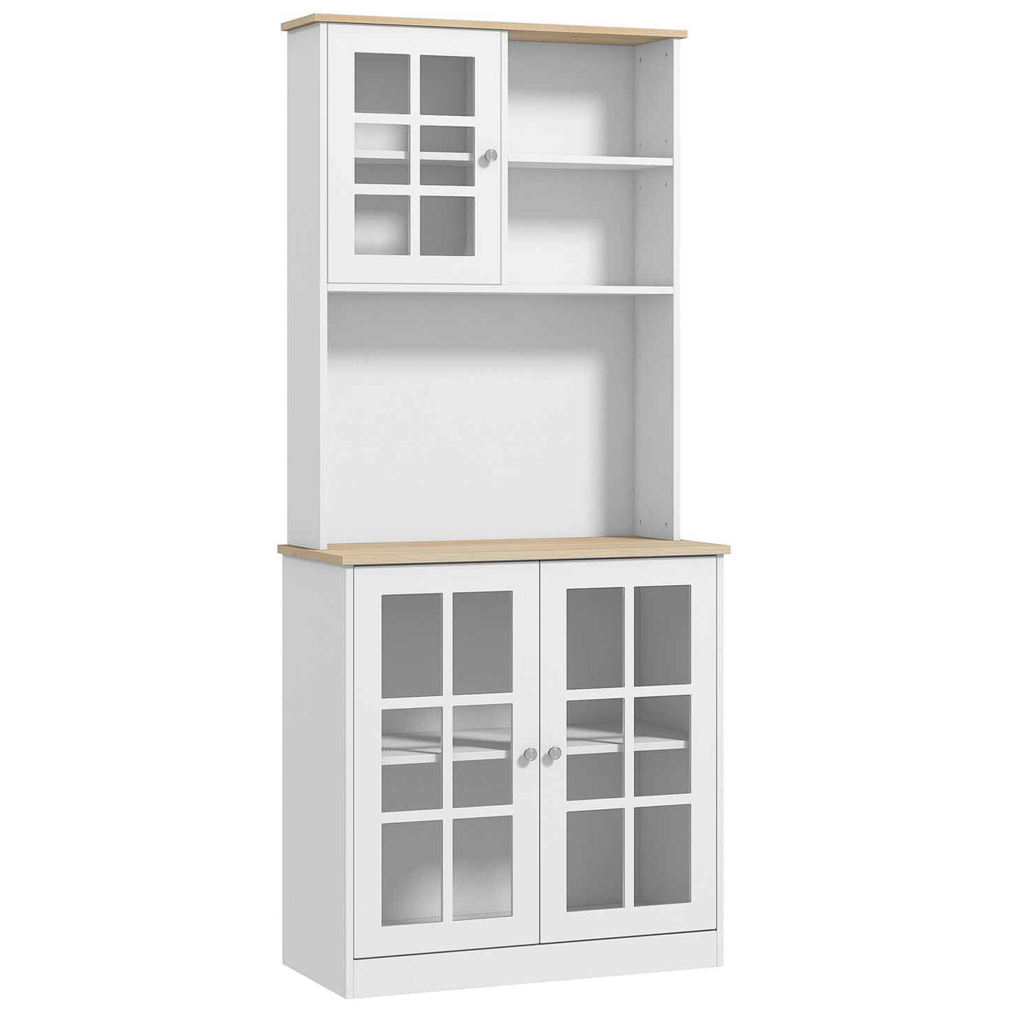 White and wood bakers rack with glass cabinet doors perfect for kitchen storage