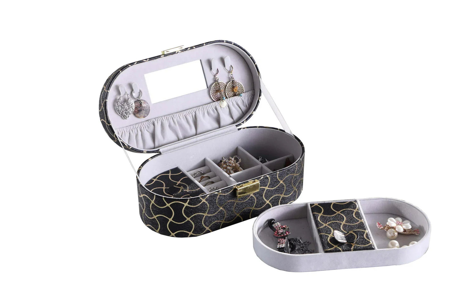 Black and gold patterned oval jewelry box with mirror and compartments