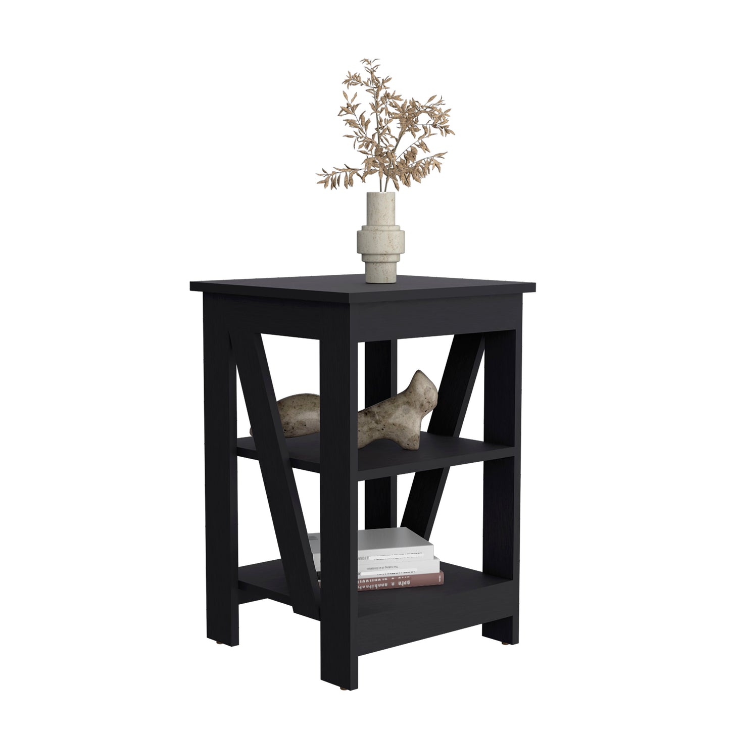 Modern black accent table with two shelves and decorative accents